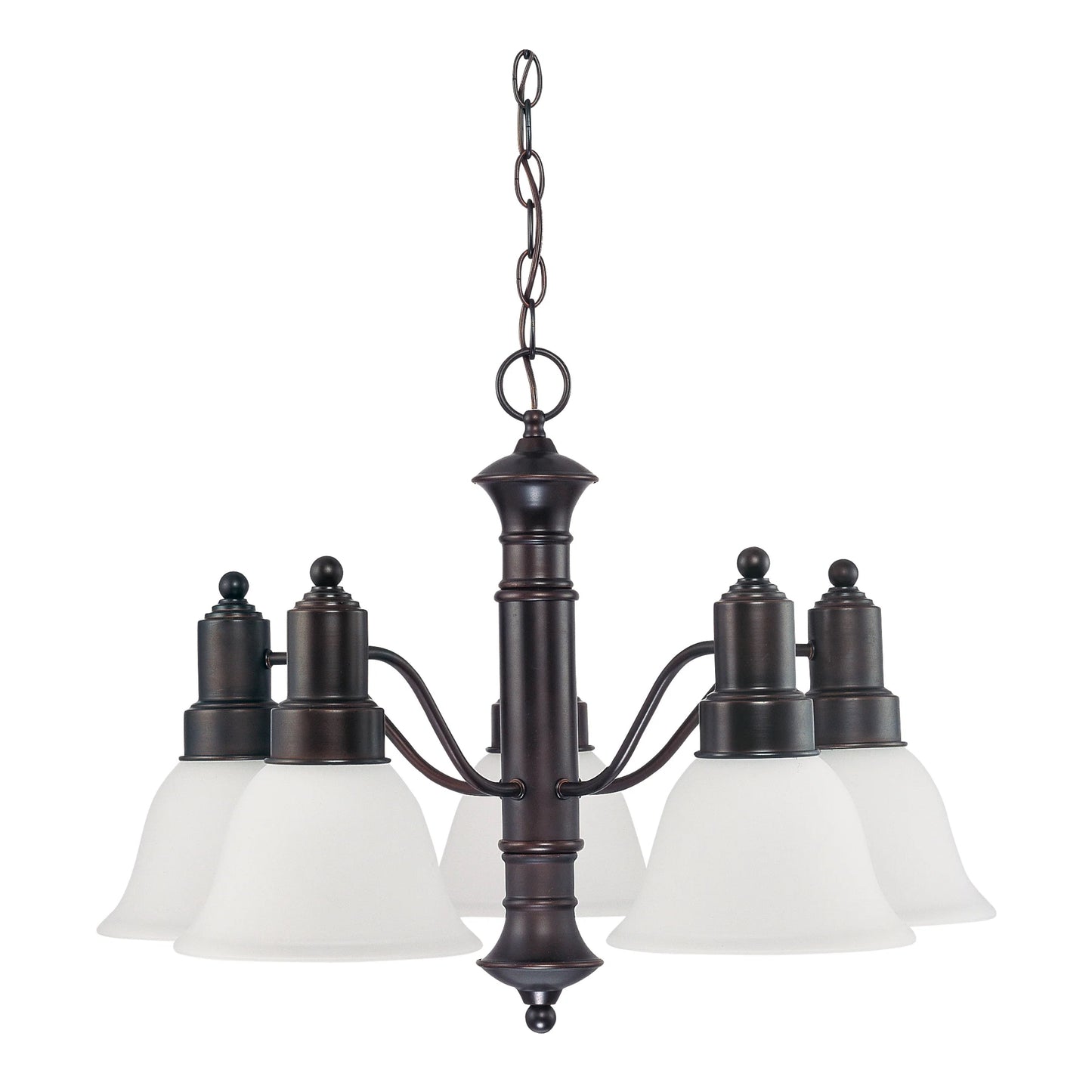 Gotham - 5 Light Chandelier with Frosted White Glass - Mahogany Bronze Finish