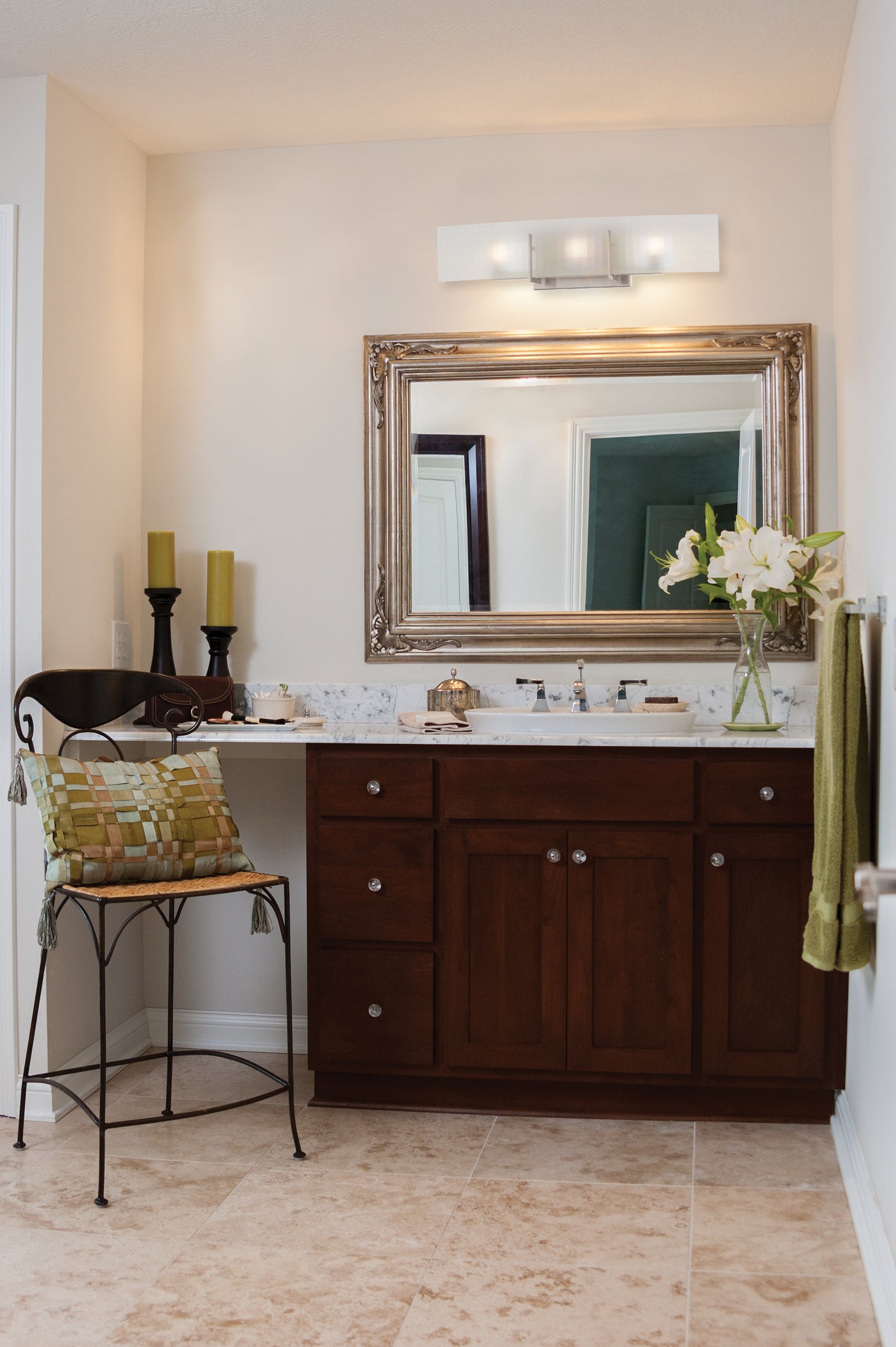 Yogi - 3 Light Halogen Vanity with Etched Frosted Glass - Brushed Nickel Finish