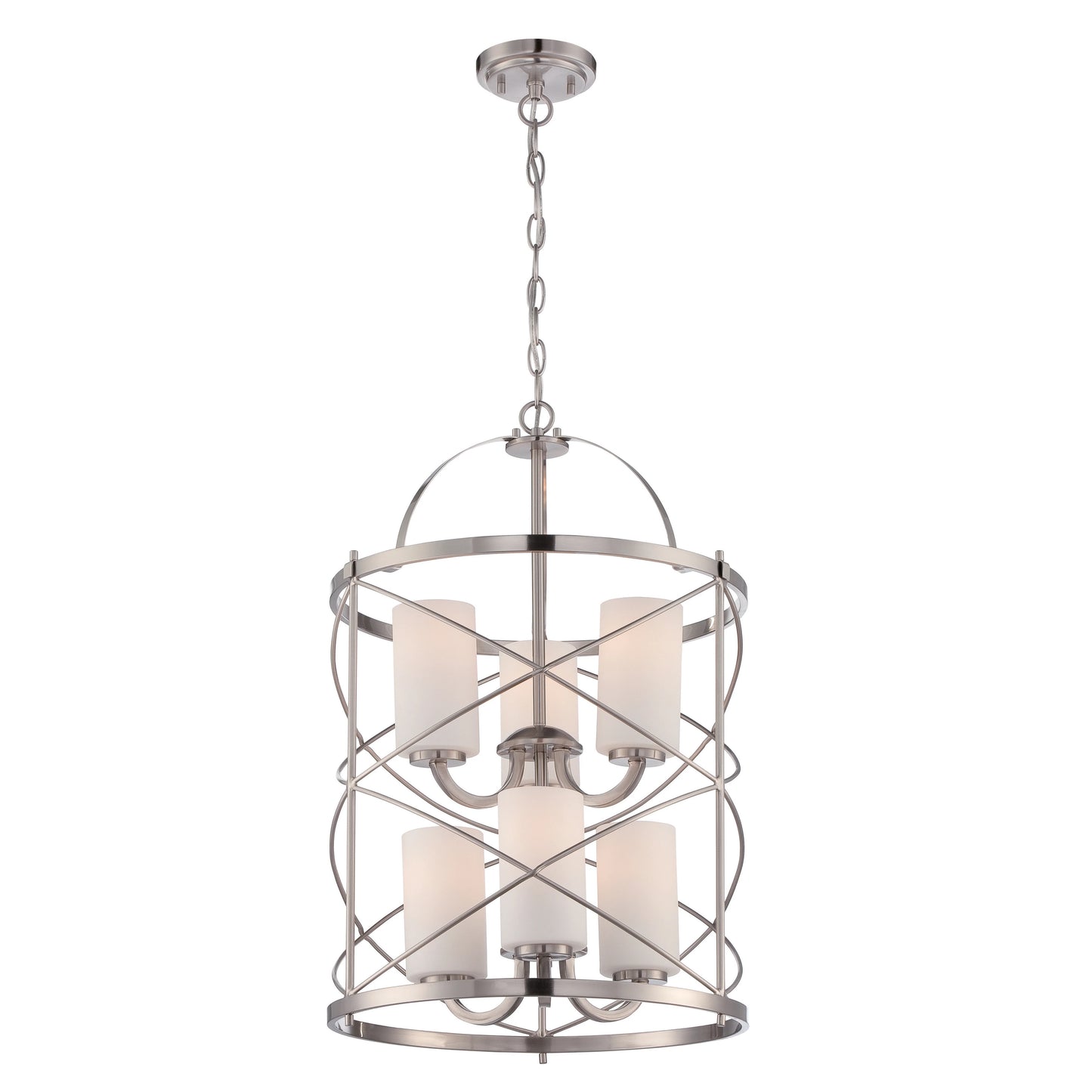 Ginger - 6 Light 2 Tier Chandelier with Satin White Glass - Brushed Nickel Finish