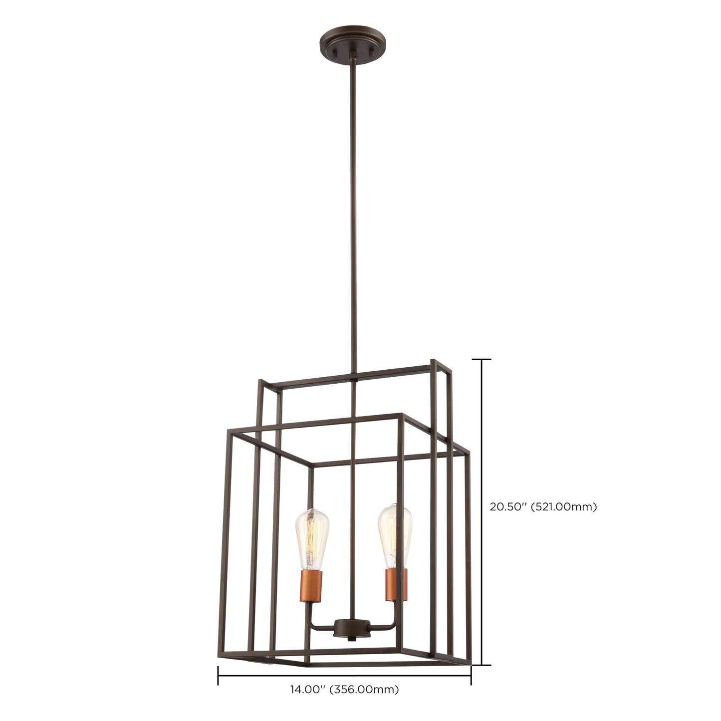 Lake - 2 Light 14'' Square Pendant - Forest Bronze Finish with Copper Accents
