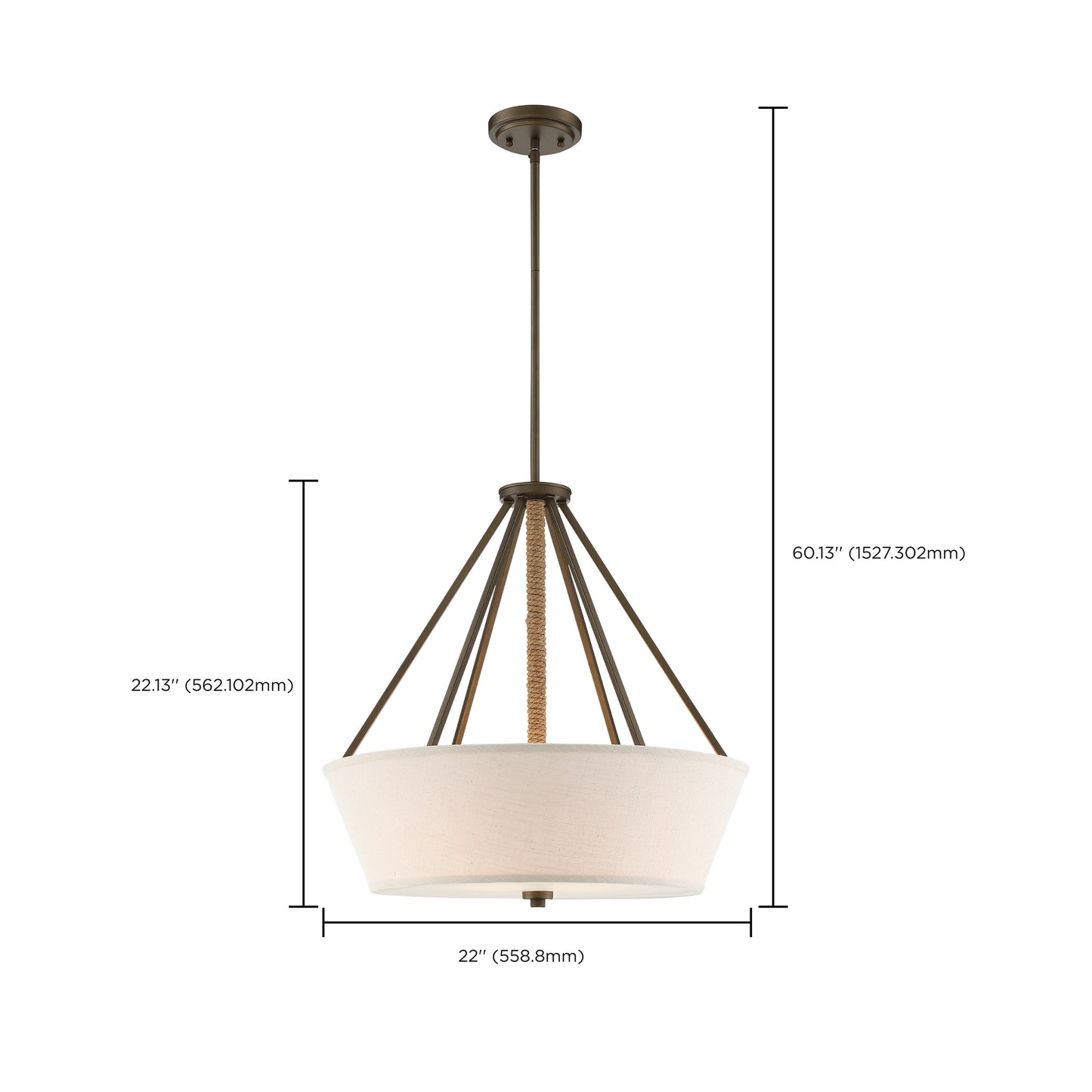 Seneca - 4 Light 22'' Pendant with Beige Linen Fabric Shade - Aged Bronze Finish with Rope Accent
