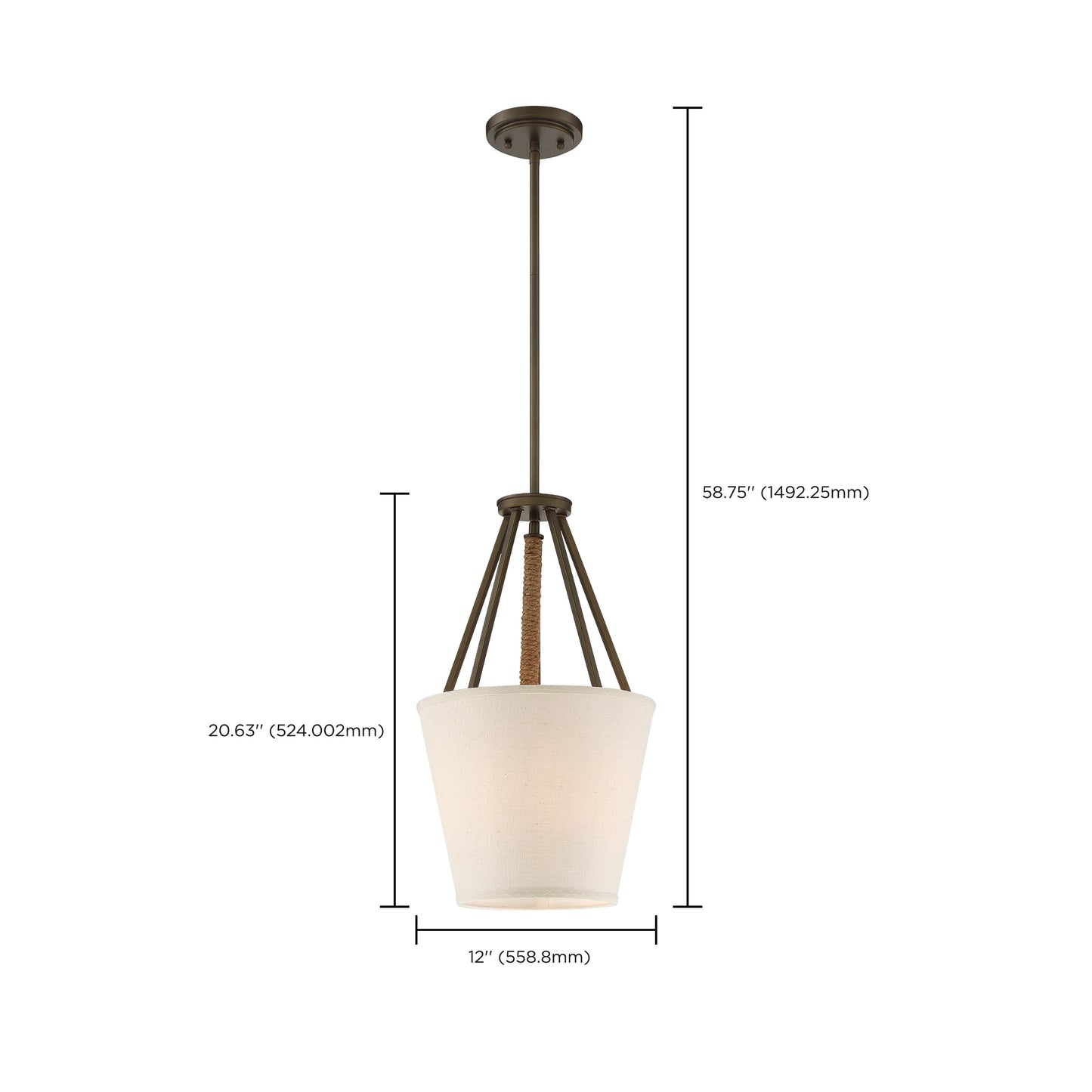 Seneca - 3 Light 12'' Pendant with Beige Linen Fabric Shade - Aged Bronze Finish with Rope Accent