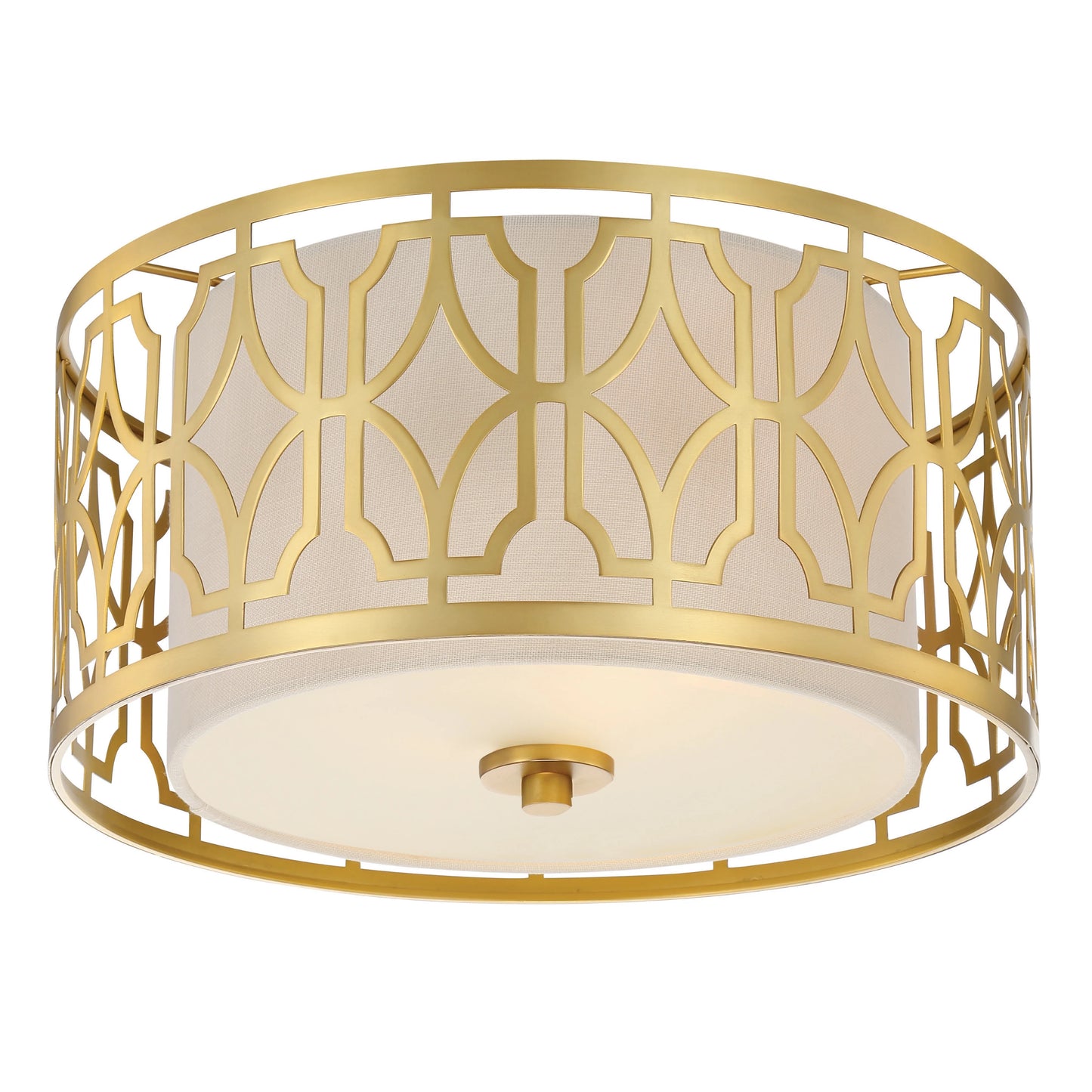 Filigree - 2 Light Flush With Beige Linen Shade - Natural Brass Finish