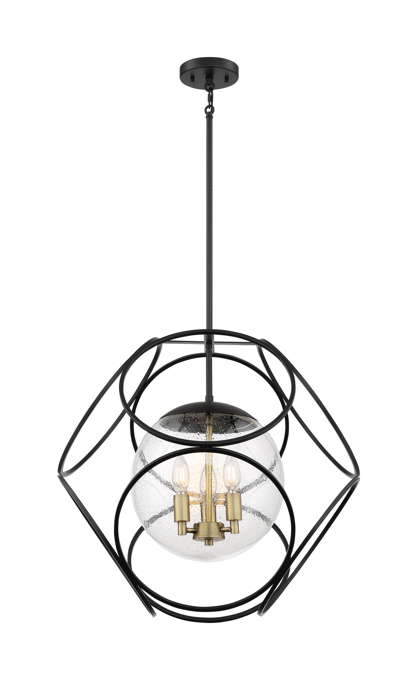 Aurora - 3 Light Pendant with Seeded Glass - Black and Vintage Brass Finish