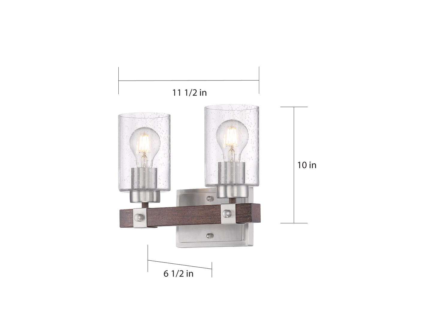Arabel - 2 Light Vanity - with Clear Seeded Glass -Brushed Nickel and Nutmeg Wood Finish