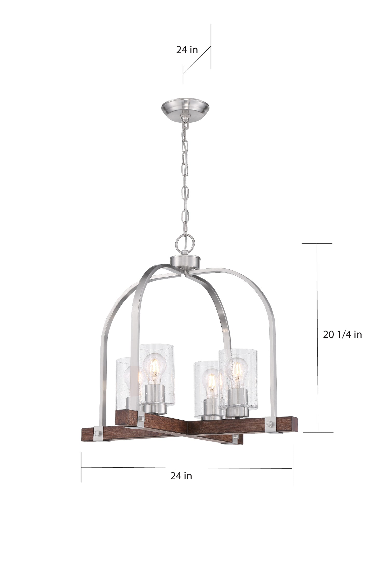 Arabel - 4 Light Chandelier - with Clear Seeded Glass - Brushed Nickel and Nutmeg Wood Finish