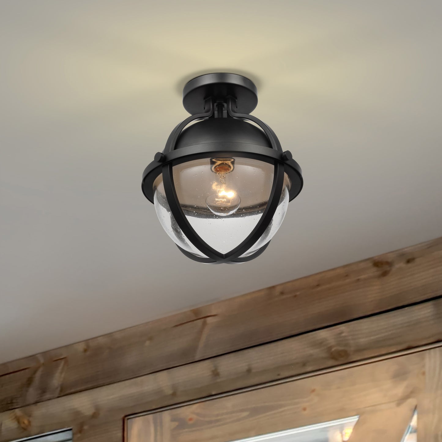 Lincoln - 1 Light Semi Flush Mount - Medium Base - 60 Watt - Matte Black Finish - Clear Seeded Glass
