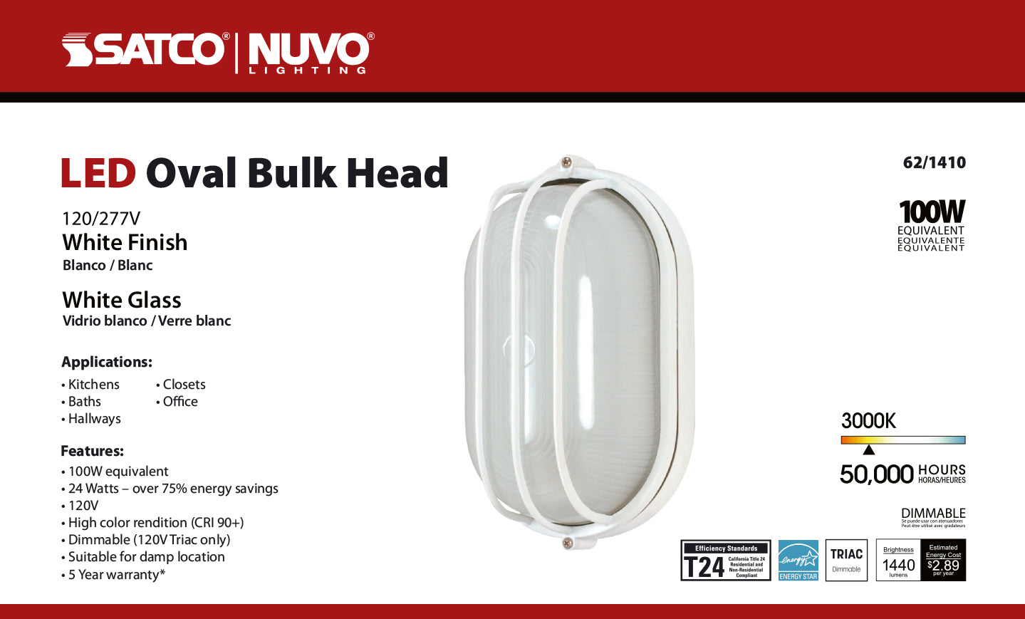 LED Oval Bulk Head Fixture; White Finish with White Glass