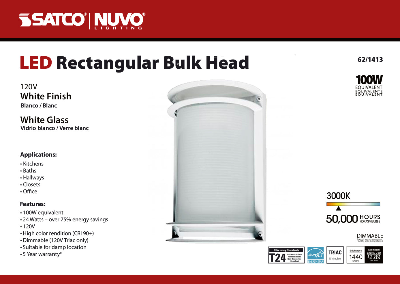 LED Rectangular Bulk Head Fixture; White Finish with White Glass