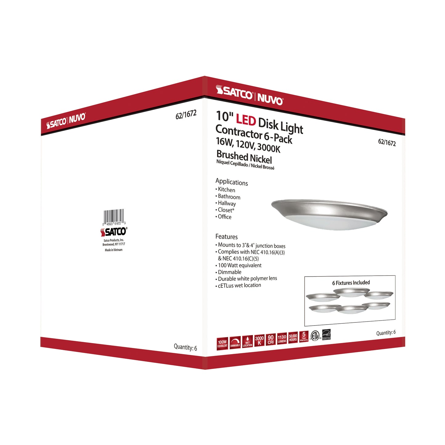 10" LED Disk Light; 3000K; 6 Unit Contractor Pack; Brushed Nickel Finish
