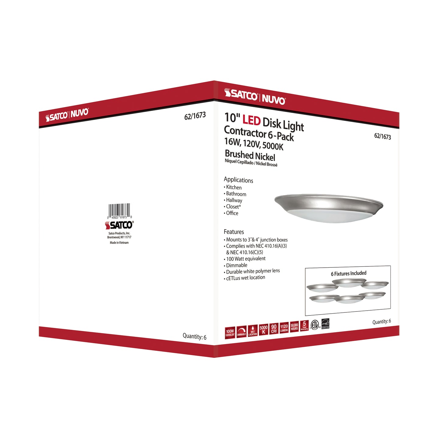 10" LED Disk Light; 5000K; 6 Unit Contractor Pack; Brushed Nickel Finish