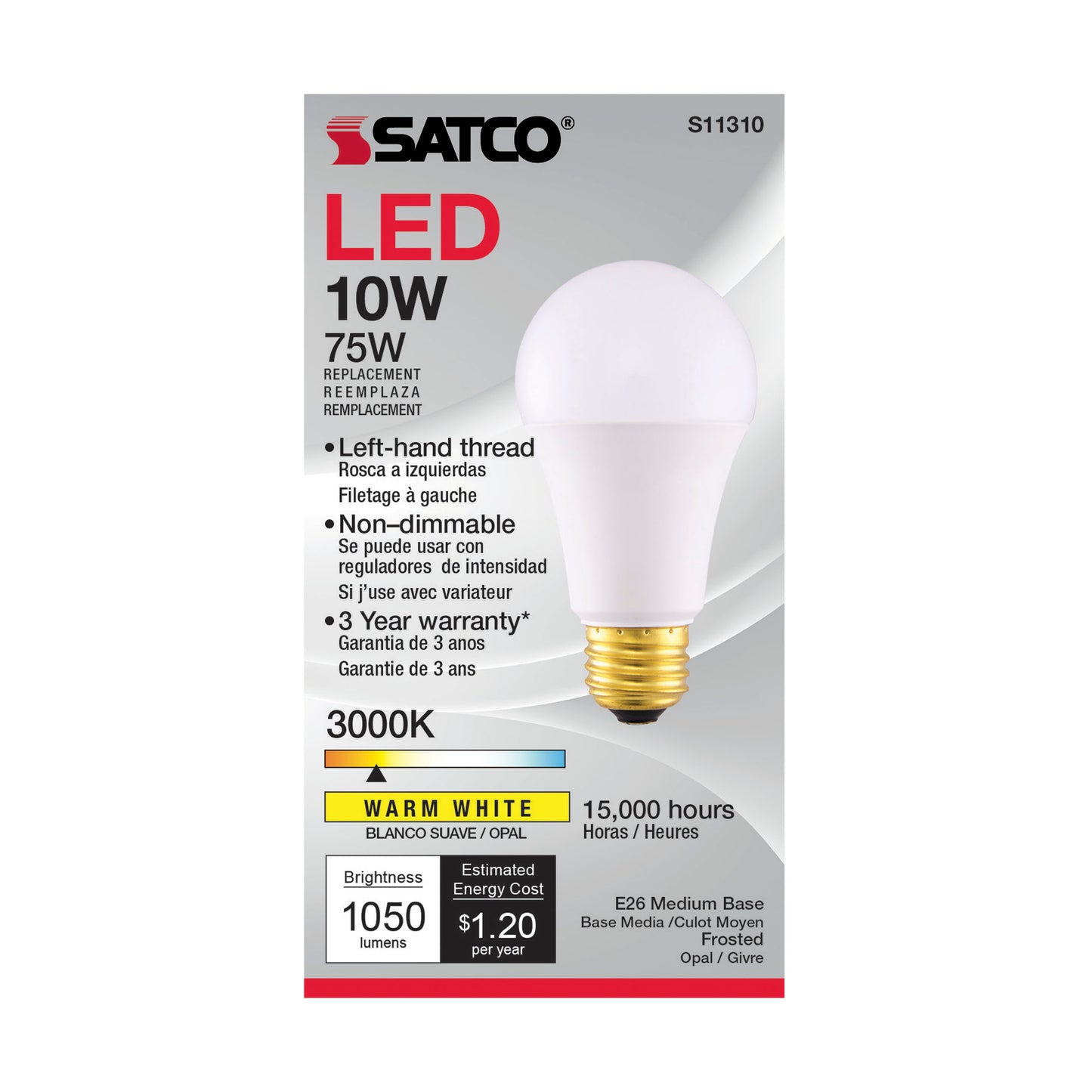 10 Watt A19 LED; 3000K; Medium base; 120 Volt; Left Hand Thread