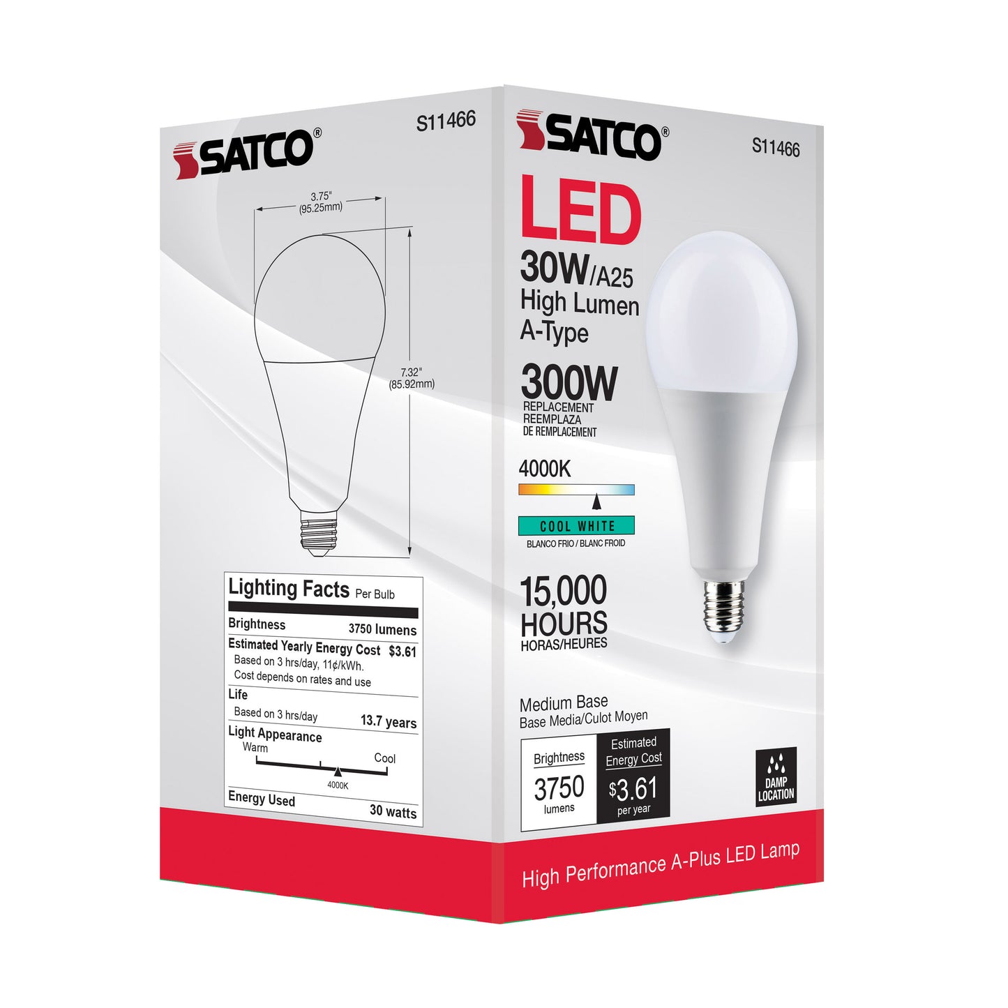 30 Watt; LED; A25; 4000K; Medium Base; Non Dimmable; 120 Volt