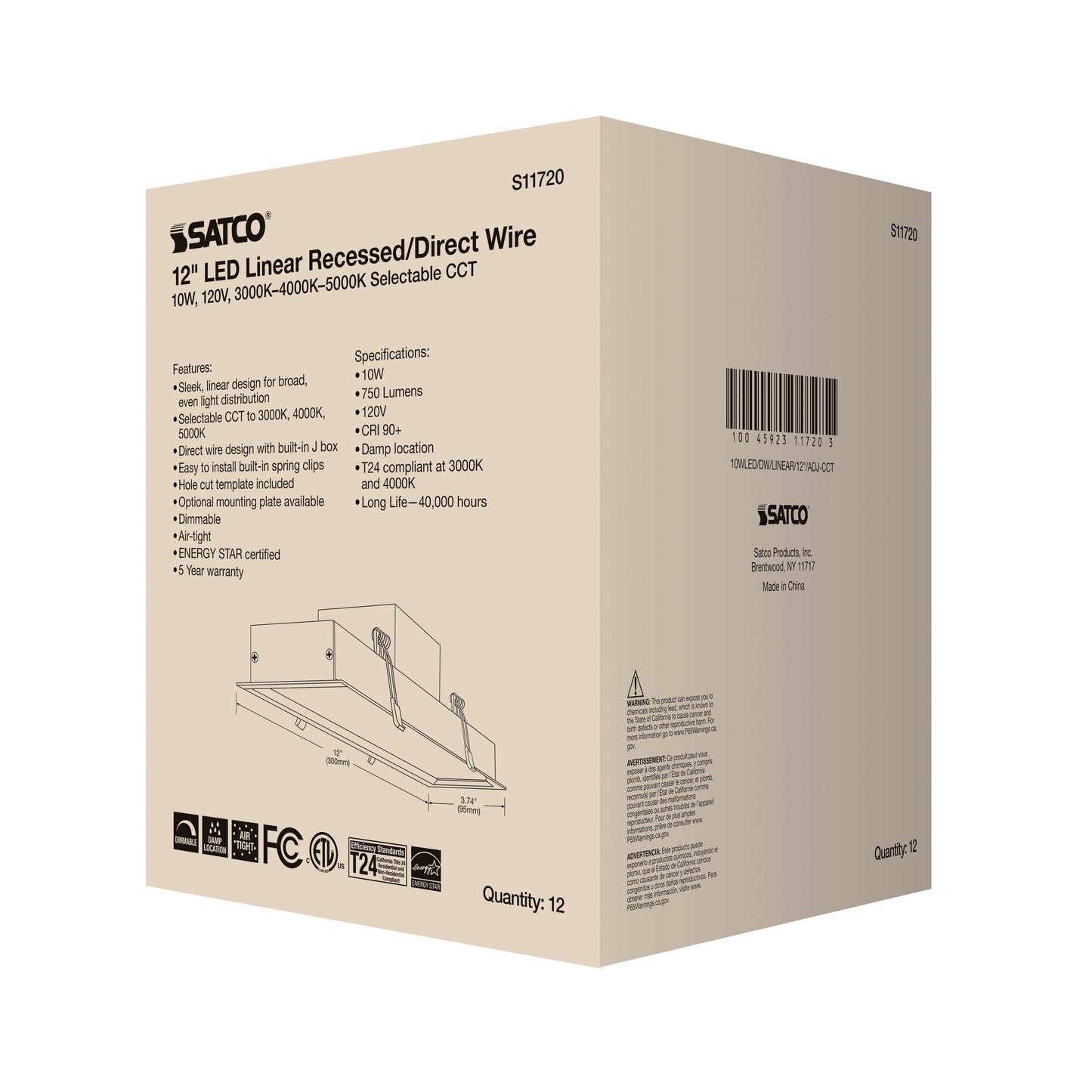 10W LED Direct Wire Linear Downlight; 12 in.; Adjustable CCT; 120 Volt