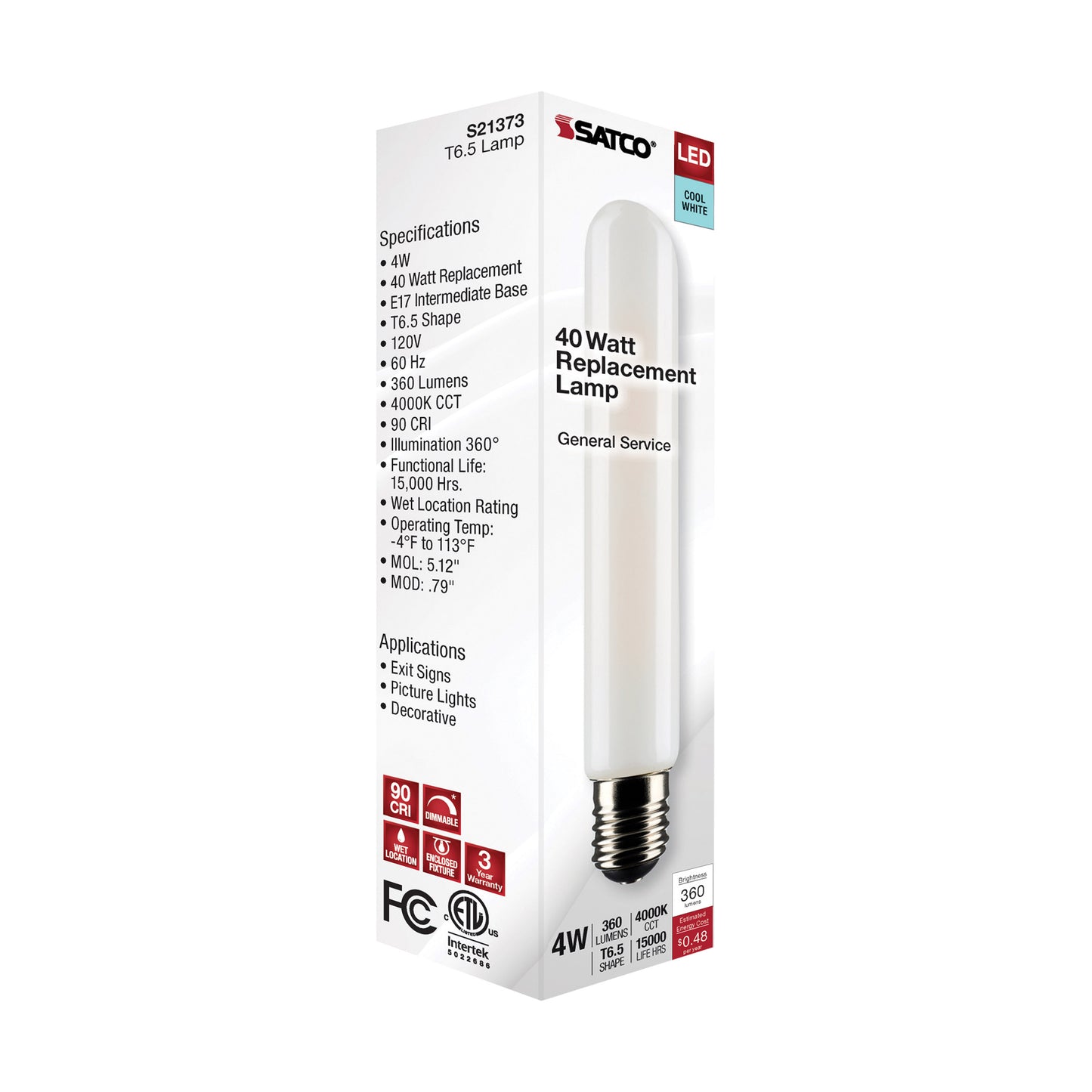 4 Watt T6.5 LED Filament; Frosted; Intermediate Base; 4000K; 360 Lumens; 120 Volt