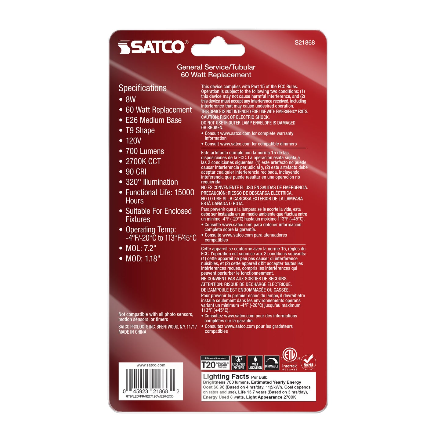 8 Watt T9 LED Filament; Frosted; Medium Base; 2700K; 700 Lumens; 120 Volt; 2-Pack