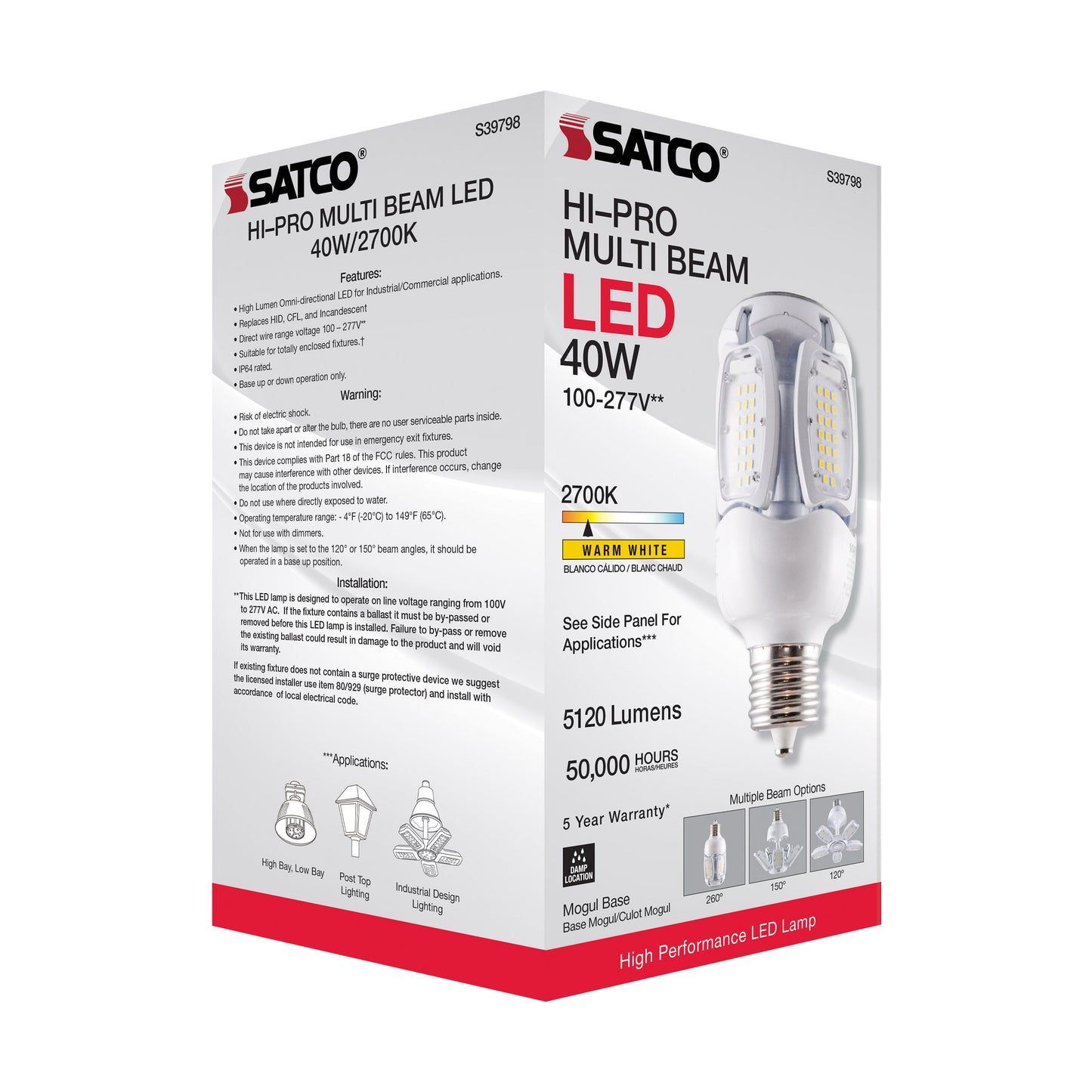 40 Watt LED HID Replacement; 2700K; Mogul extended base; Adjustable Beam Angle; Type B Ballast Bypass;100-277 Volt