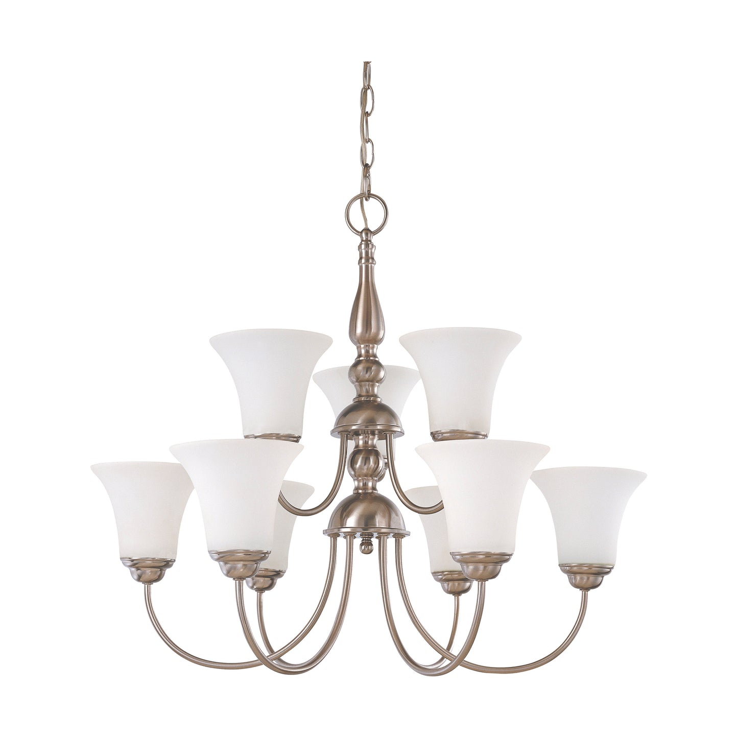Dupont - 9 Light 2 Tier Chandelier with Satin White Glass - Brushed Nickel Finish