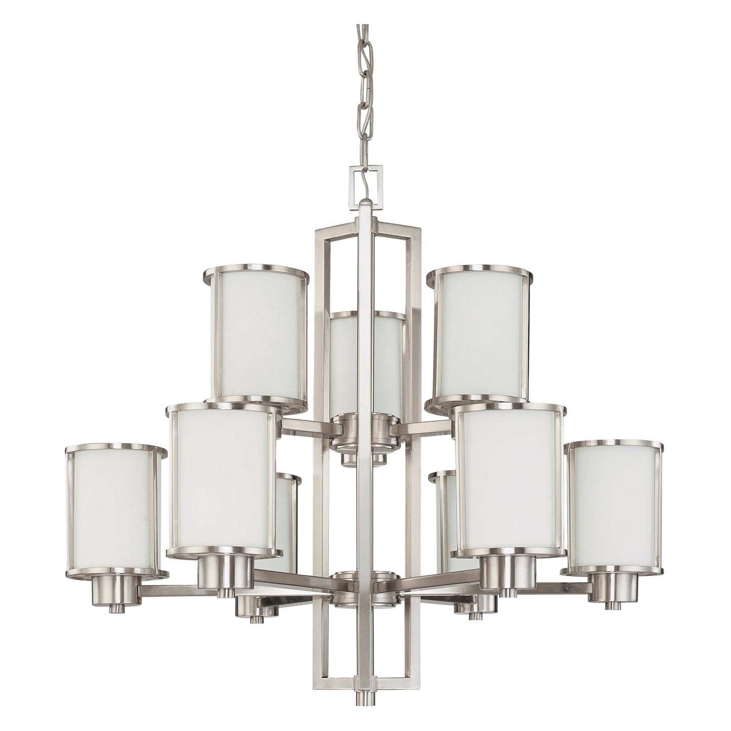 Odeon - 9 Light Chandelier with Satin White Glass - Brushed Nickel Finish