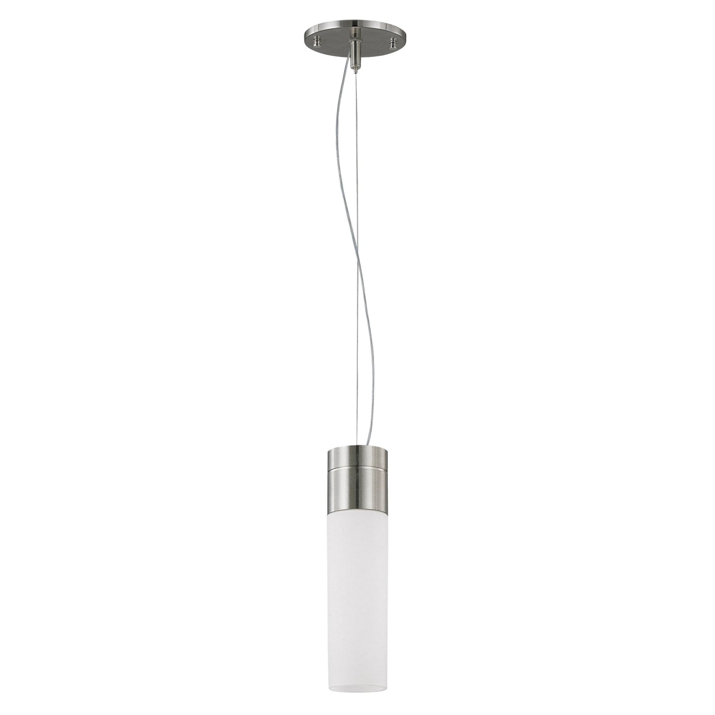 1-Light Tube Pendant Light Fixture in Brushed Nickel Finish with White Glass