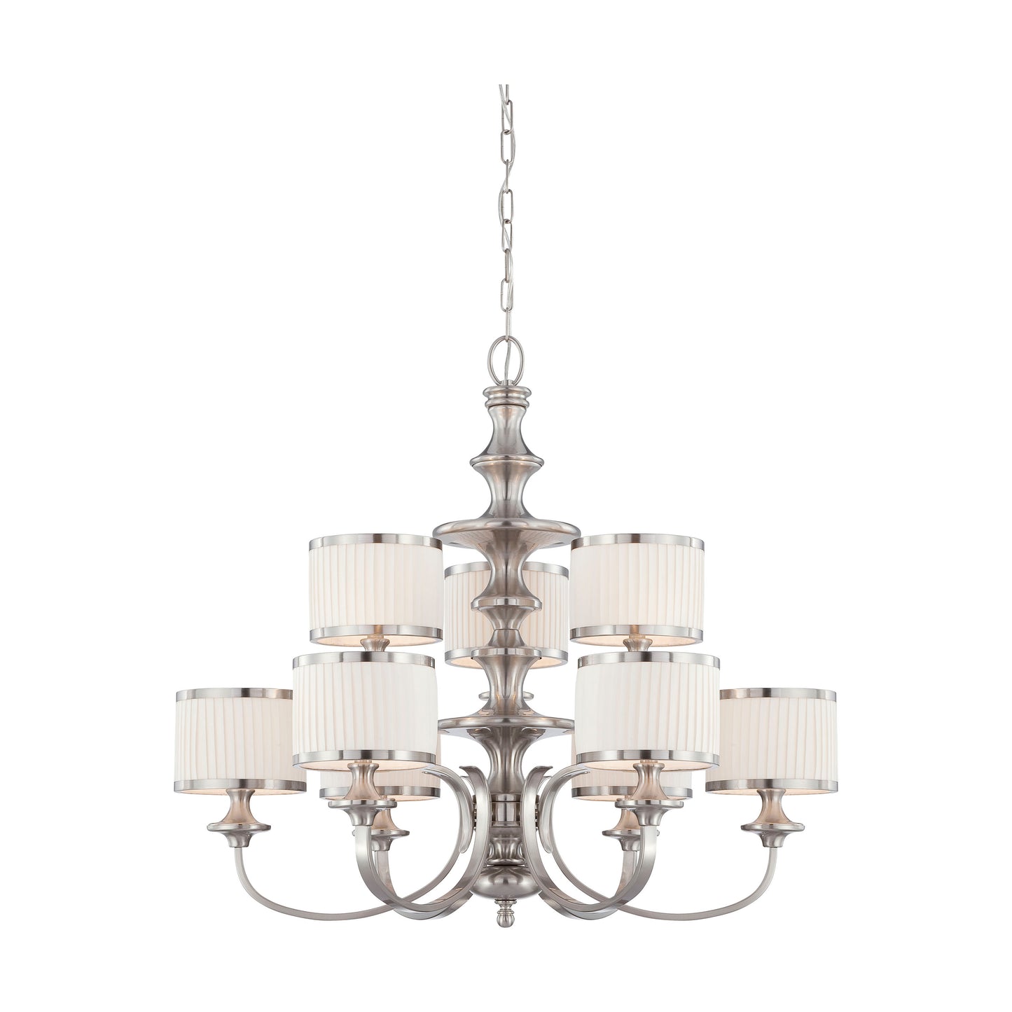 Candice - 9 Light Chandelier with Pleated White Shades - Brushed Nickel Finish