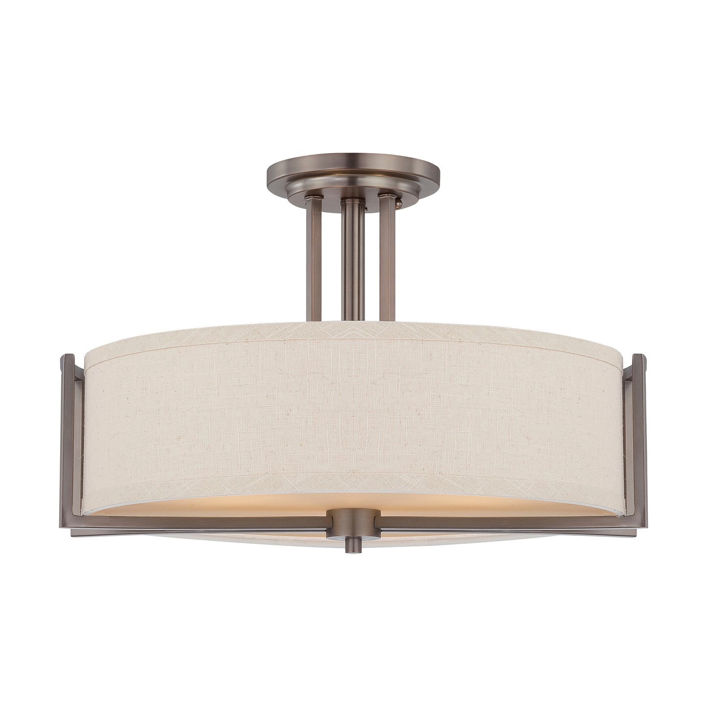 Gemini - 3 Light Semi Flush with Khaki Fabric Shade - Hazel Bronze Finish