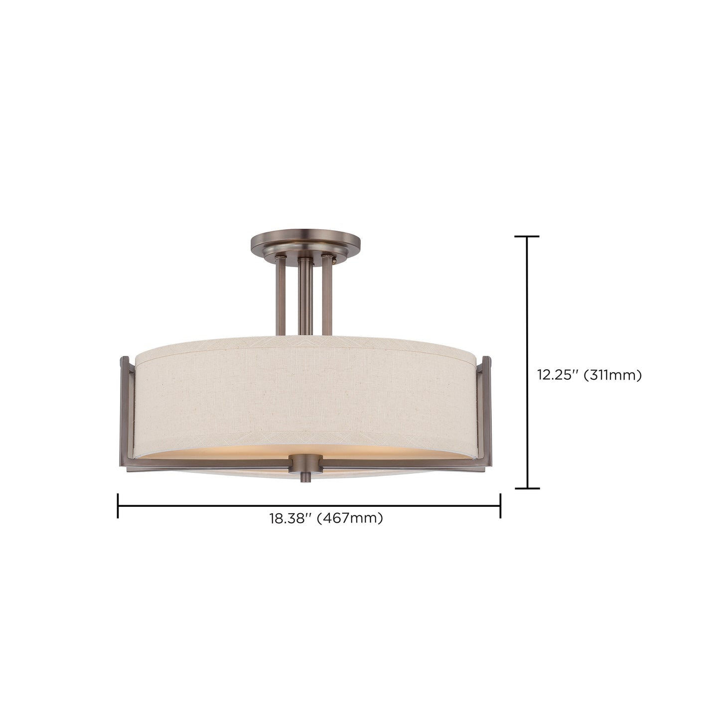 Gemini - 3 Light Semi Flush with Khaki Fabric Shade - Hazel Bronze Finish