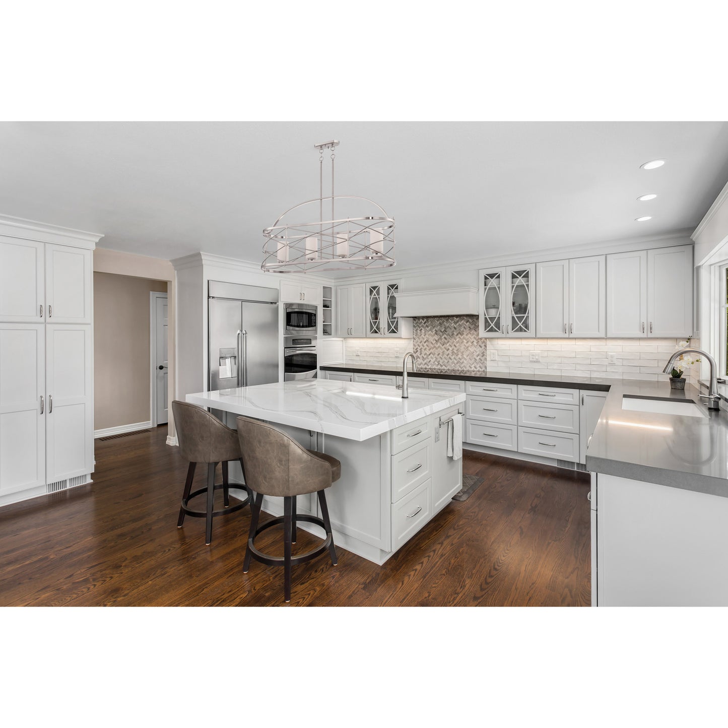 Ginger - 4 Light Island Pendant with Satin White Glass - Brushed Nickel Finish