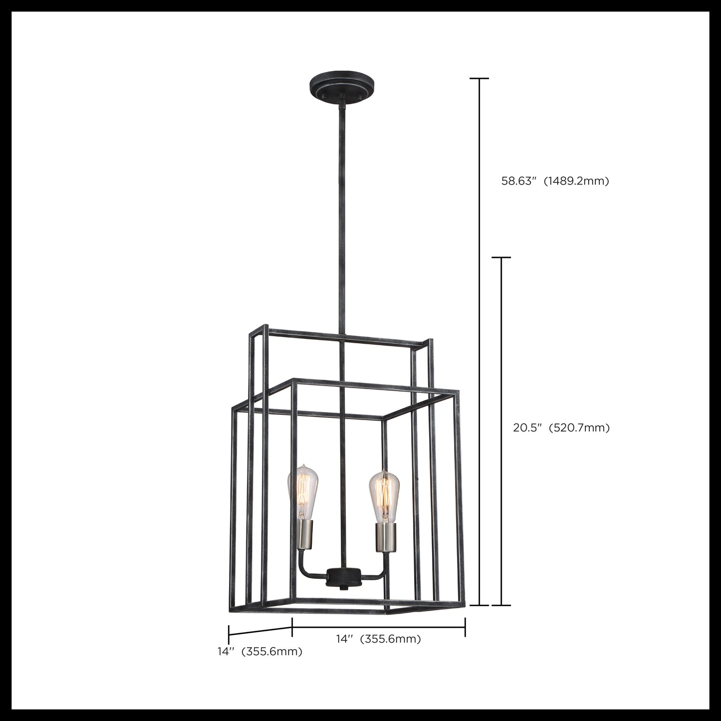Lake - 2 Light 14" Square Pendant - Iron Black Finish with Brushed Nickel Accents