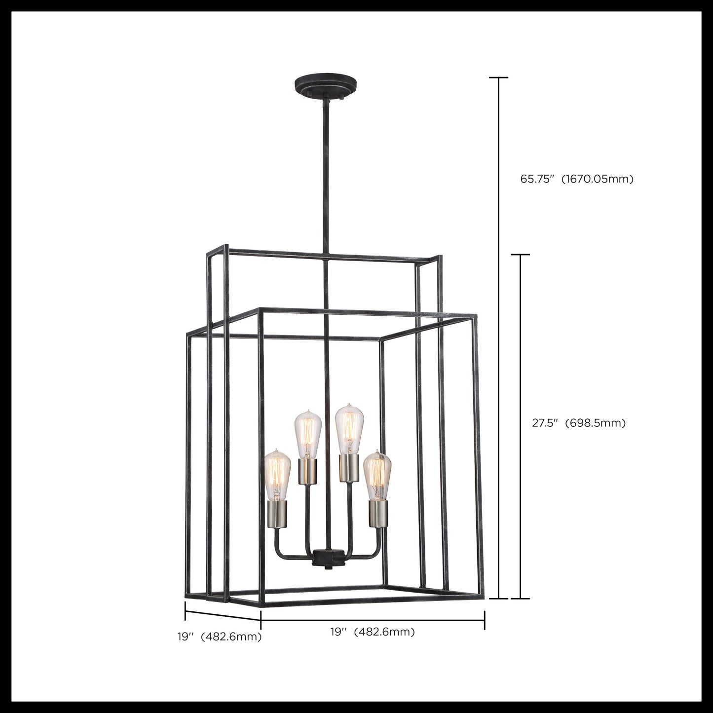 Lake - 4 Light 19" Square Pendant - Iron Black Finish with Brushed Nickel Accents
