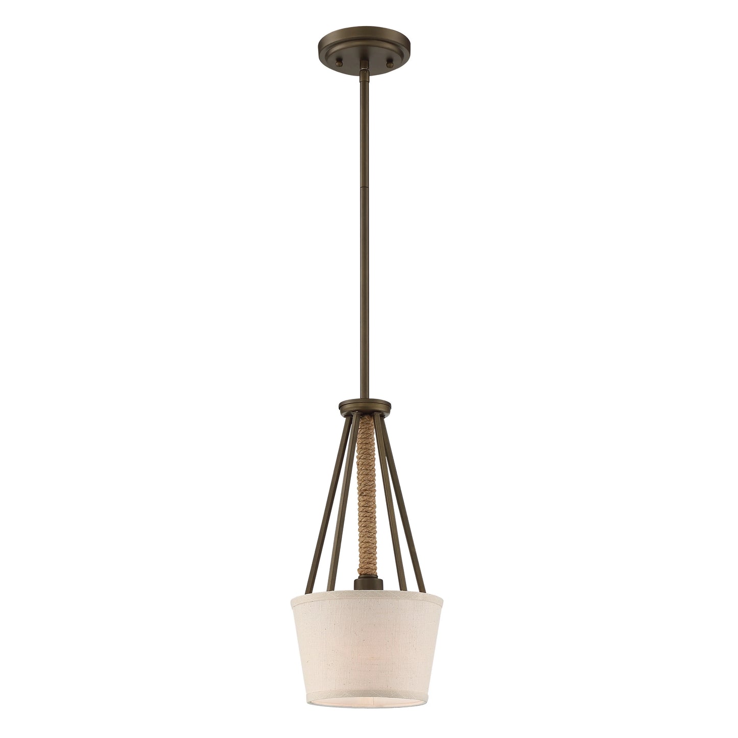 Seneca - 8'' Mini Pendant with Beige Linen Fabric Shade - Aged Bronze Finish with Rope Accent