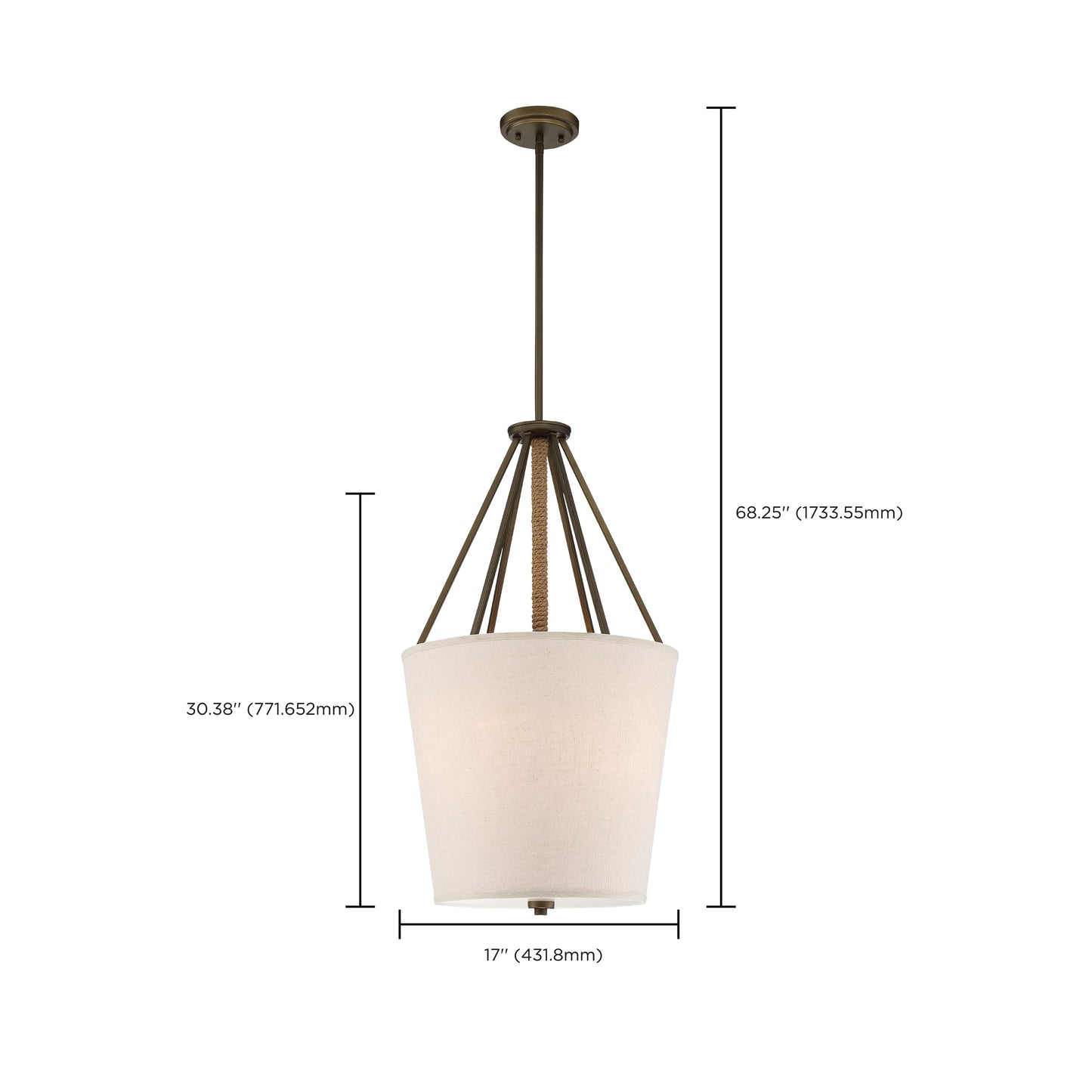 Seneca - 3 Light 17'' Pendant with Beige Linen Fabric Shade - Aged Bronze Finish with Rope Accent
