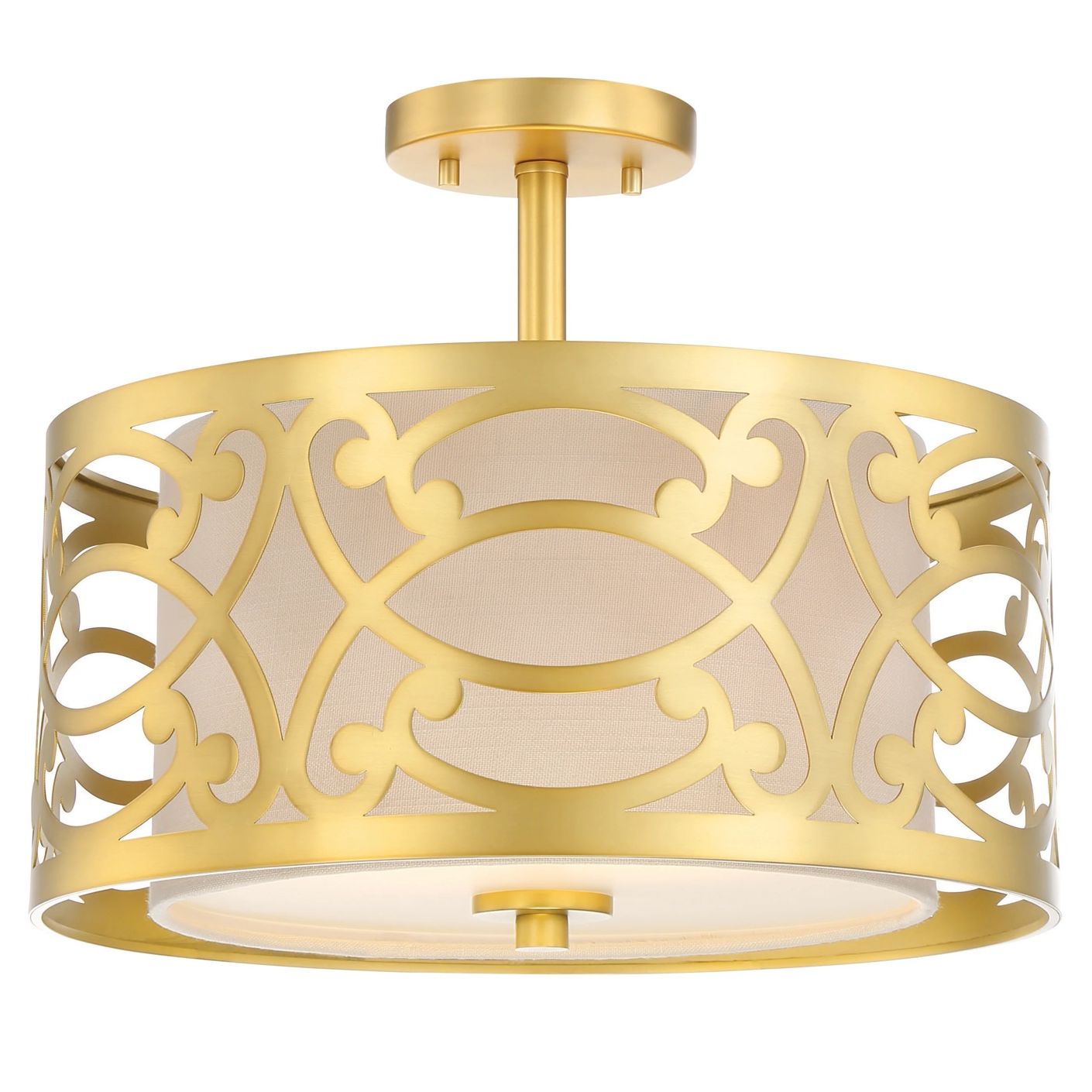 Filigree - 2 Light Semi Flush With Beige Linen Shade - Natural Brass Finish