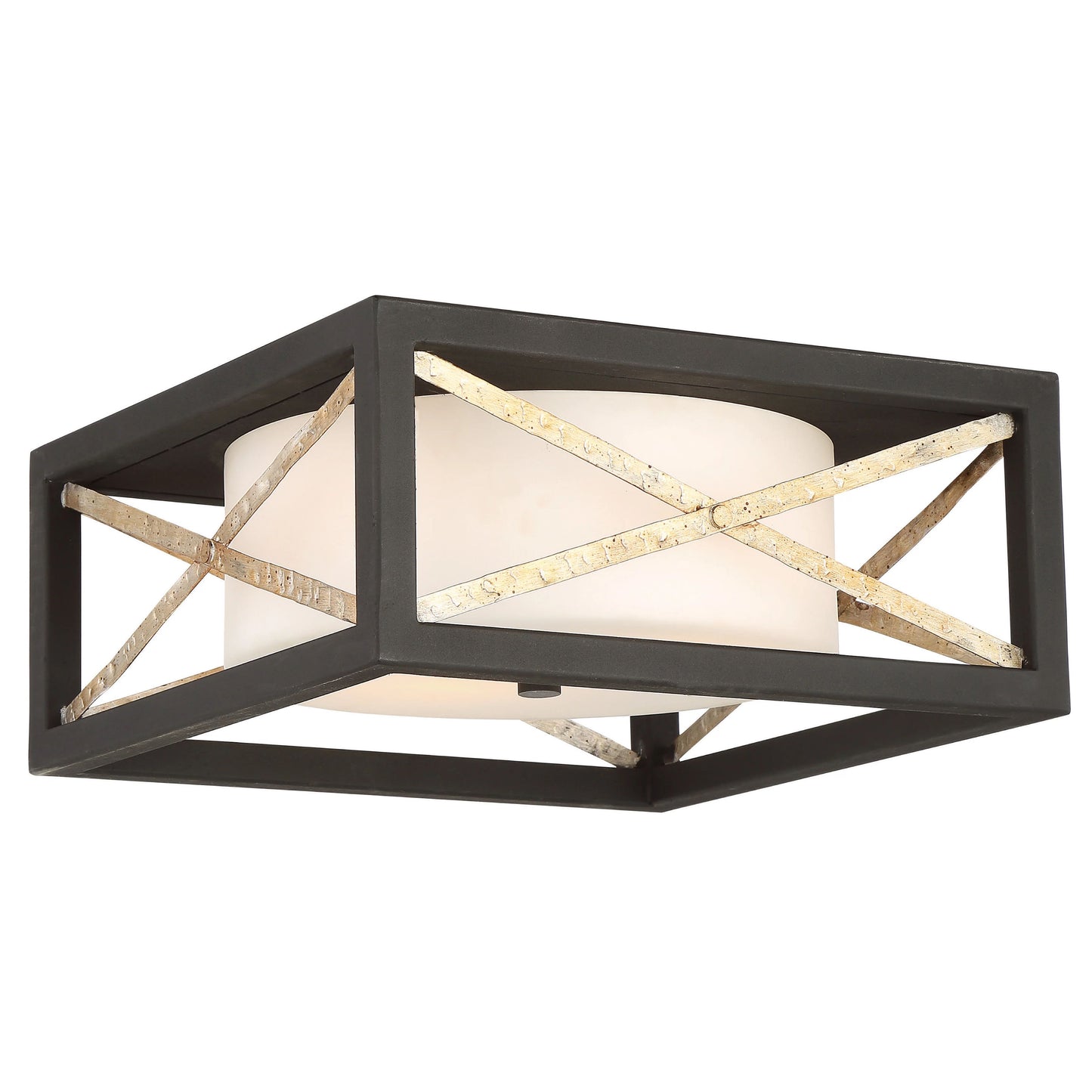 Boxer - 2 Light Flush Fixture with Satin White Glass - Matte Black Finish with Antique Silver Accents