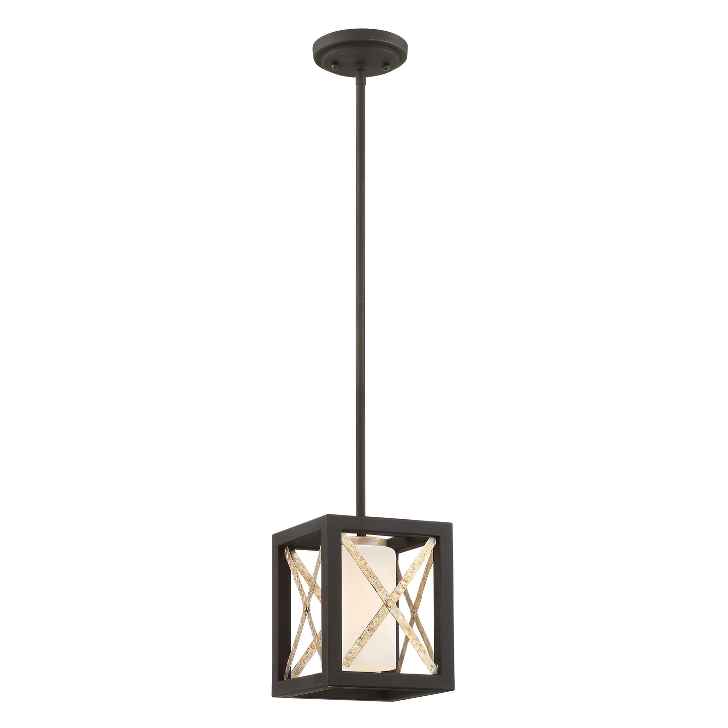 Boxer - 1 Light Mini Pendant with Satin White Glass - Matte Black Finish with Antique Silver Accents