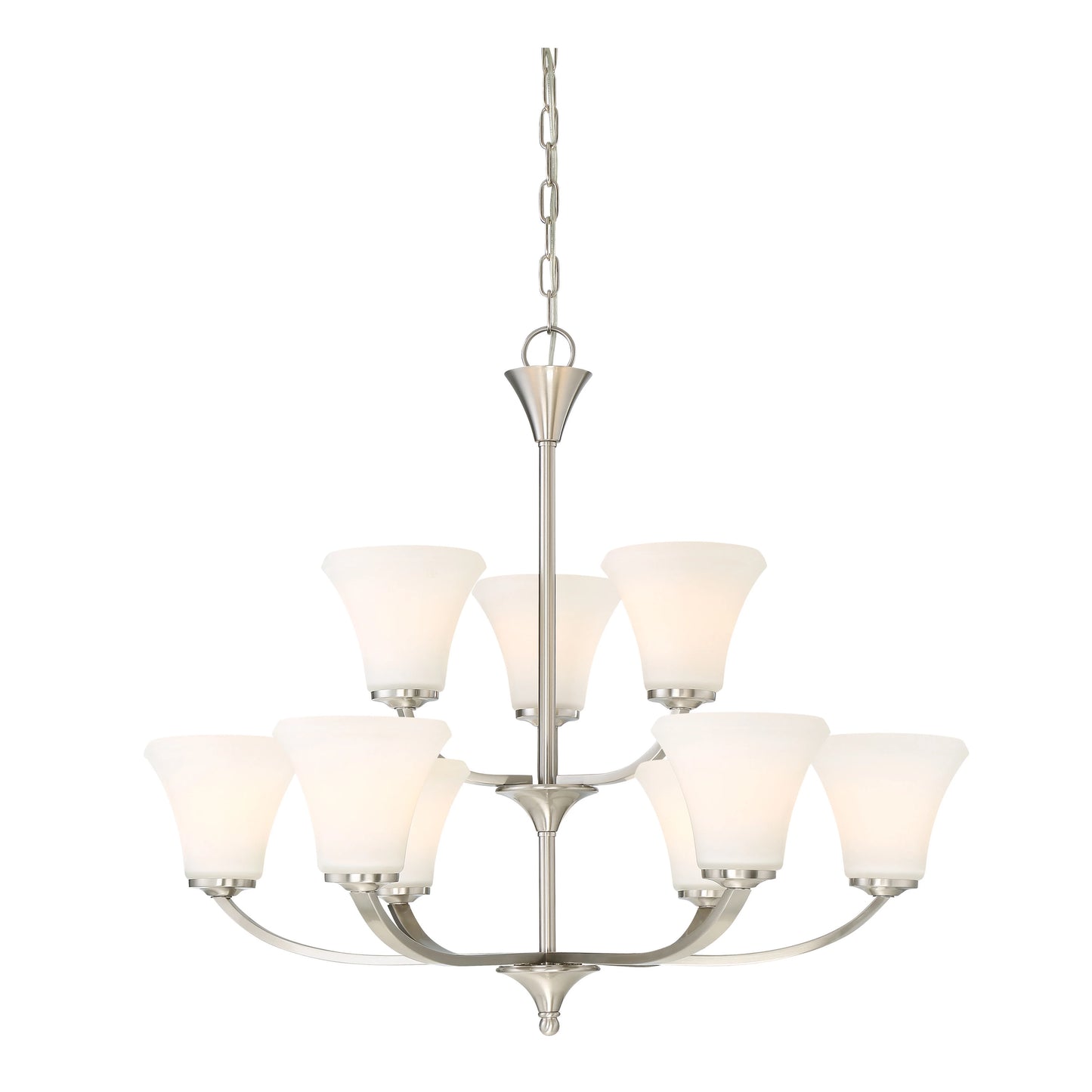 Fawn - 9 Light Chandelier with Satin White Glass - Brushed Nickel Finish