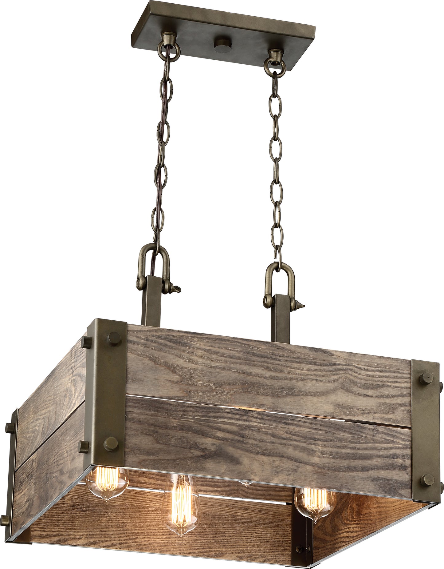 Winchester - 4 Light Square Pendant with Aged Wood - 1 Chain - Bronze