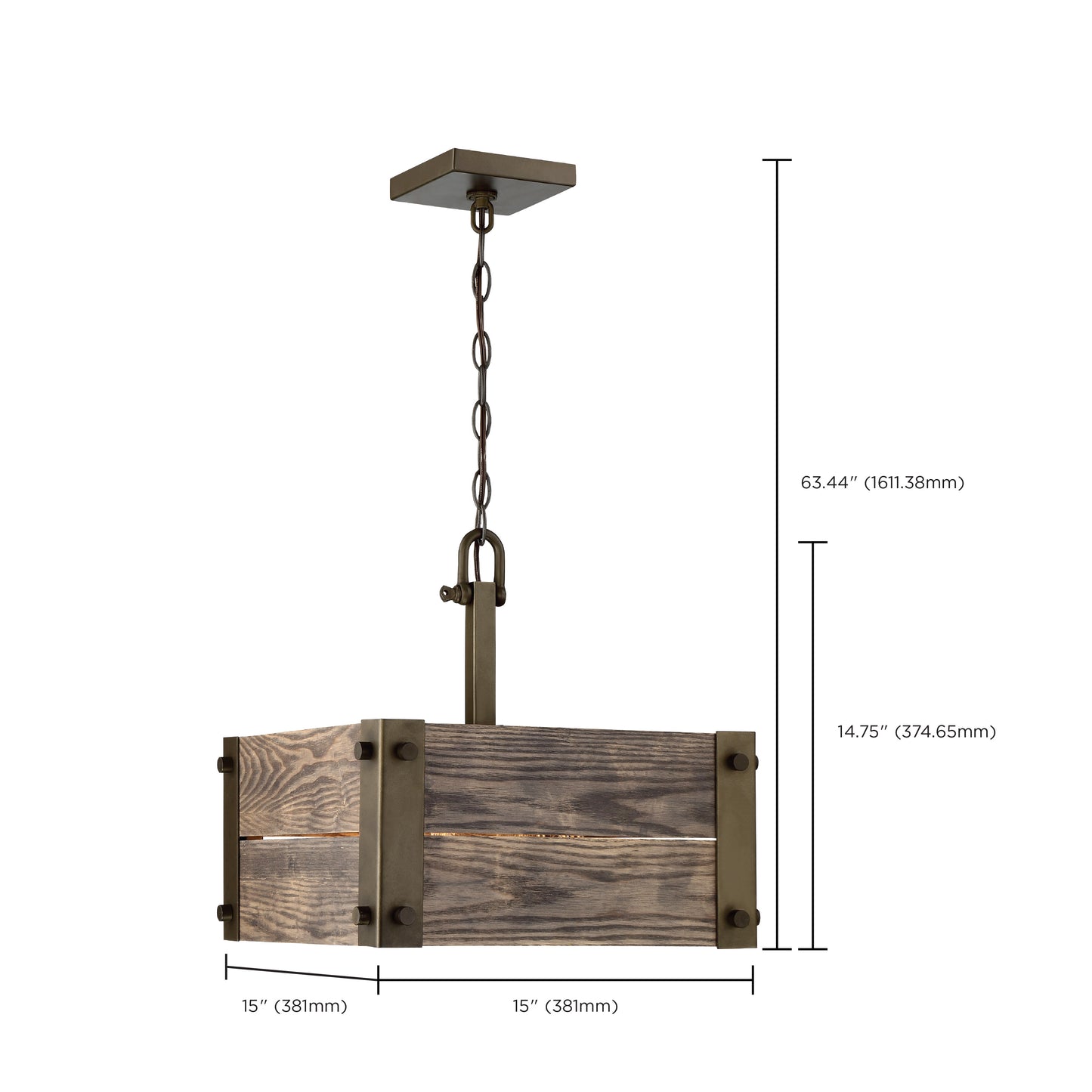 Winchester - 4 Light Square Pendant with Aged Wood - 1 Chain - Bronze