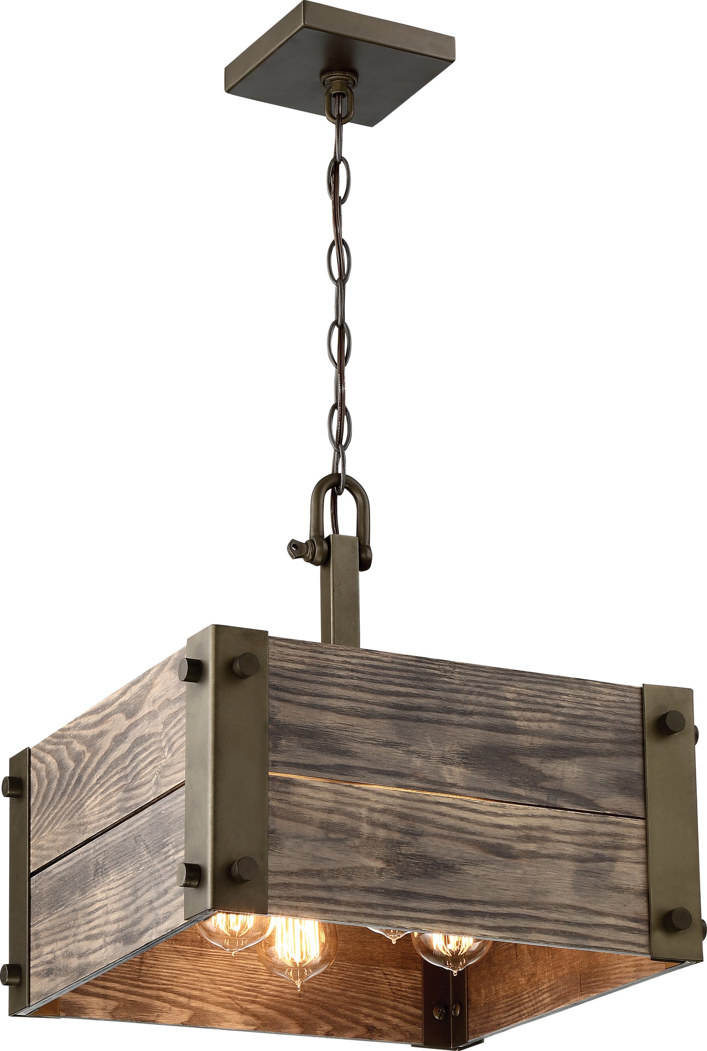 Winchester - 4 Light Square Pendant with Aged Wood - 2 Chains - Bronze