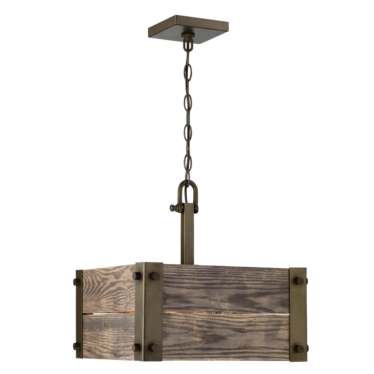 Winchester - 4 Light Square Pendant with Aged Wood - 2 Chains - Bronze
