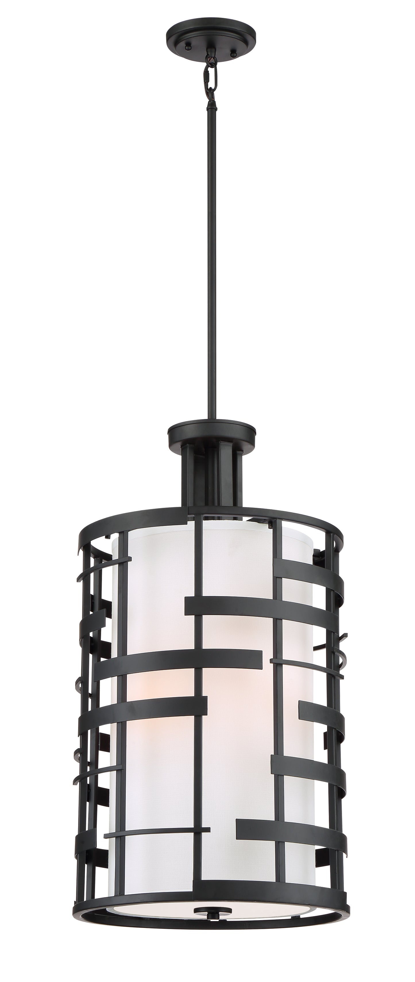 Lansing - 4 Light Pendant with White Fabric Shade & Opal Diffuser - Midnight Bronze Finish