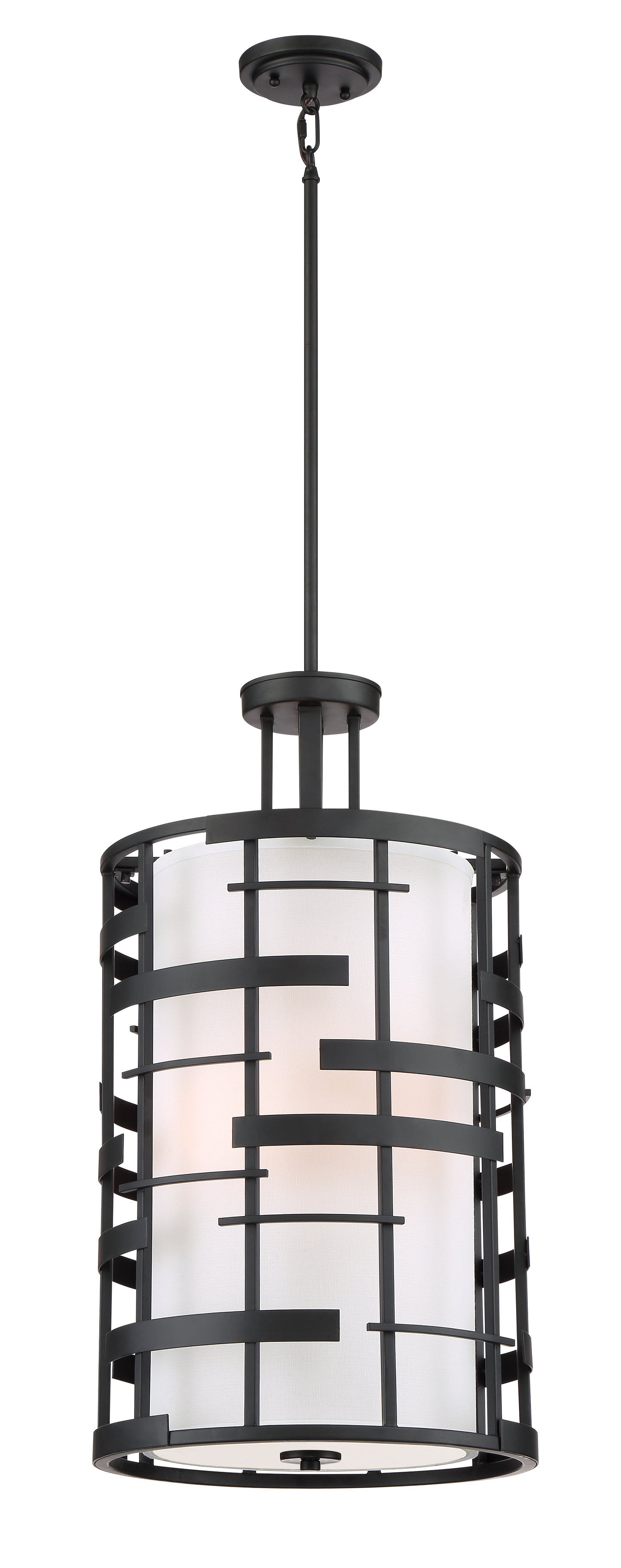 Lansing - 4 Light Pendant with White Fabric Shade & Opal Diffuser - Midnight Bronze Finish