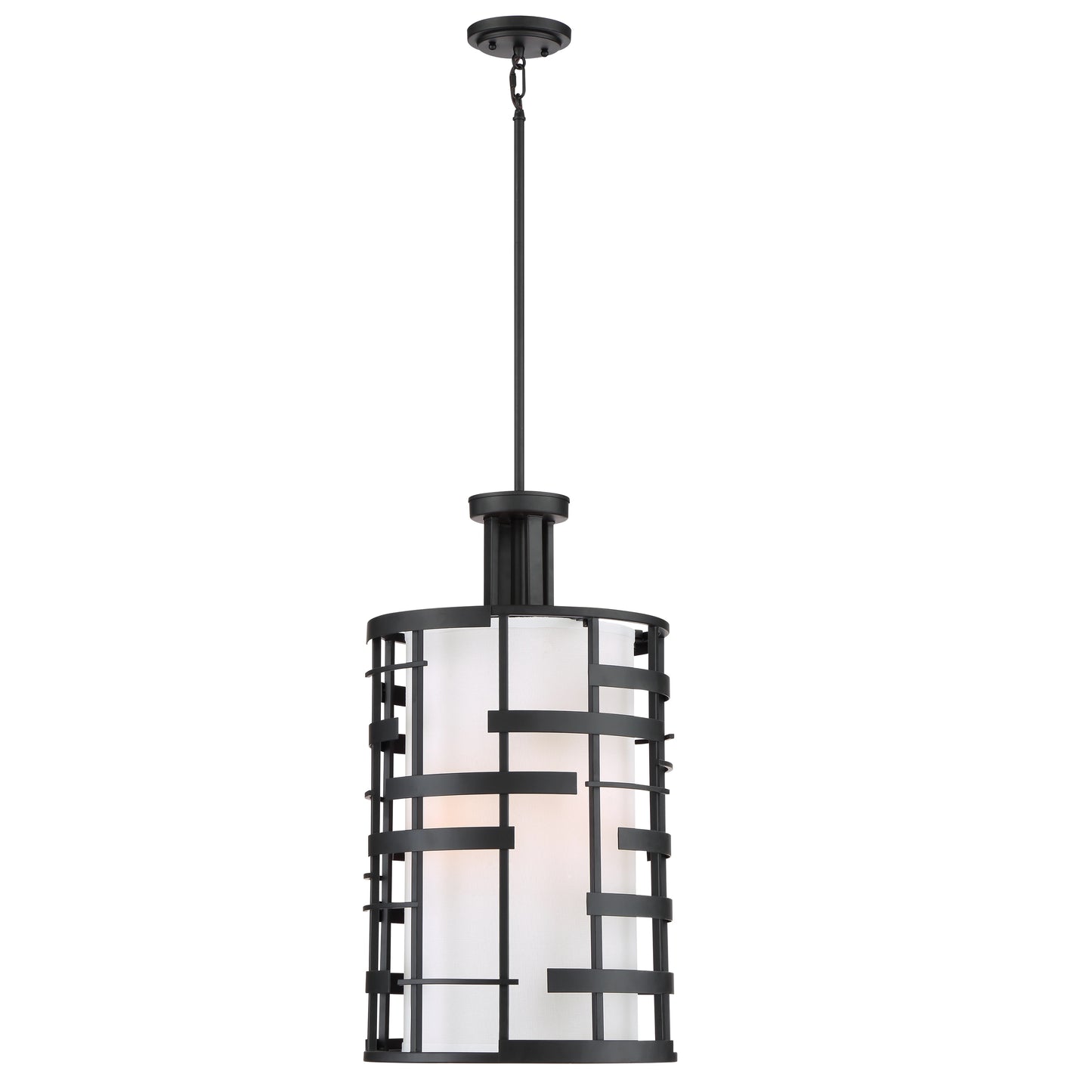 Lansing - 4 Light Pendant with White Fabric Shade & Opal Diffuser - Midnight Bronze Finish