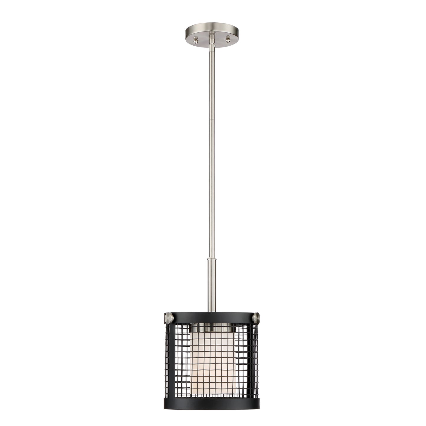 Pratt - 1 Light Mini Pendant with White Glass, Black Finish and Brushed Nickel Accents