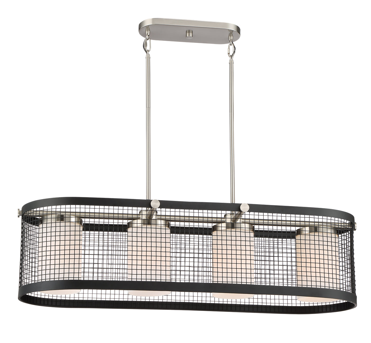 Pratt - 4 Light Island Pendant with White Glass - Black Finish with Brushed Nickel Accents