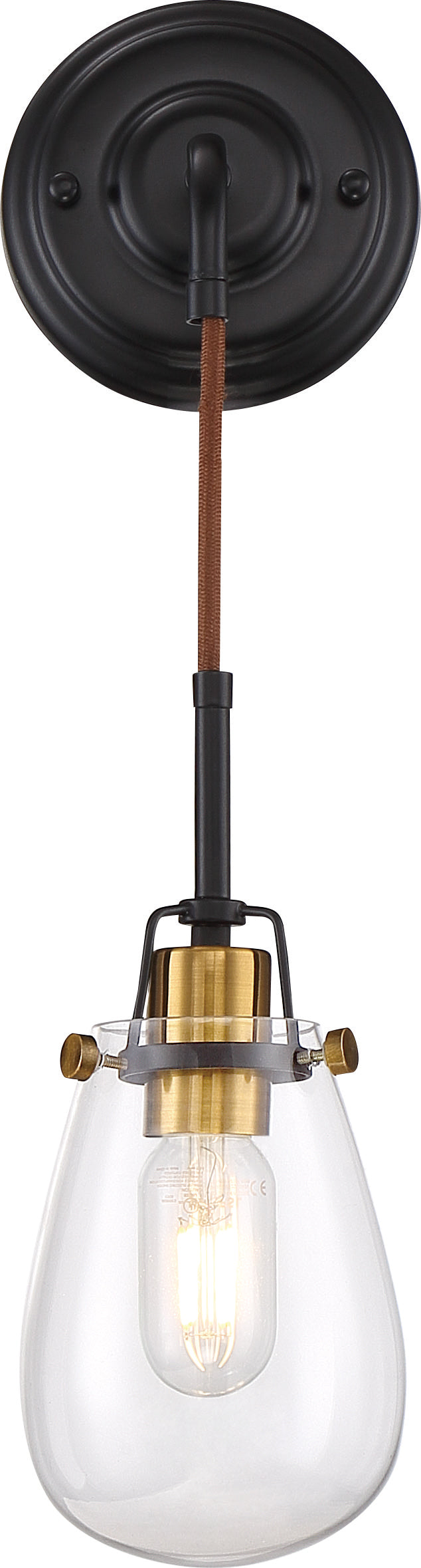 Toleo- 1 Light Wall Sconce with Clear Glass - Black Finish with Vintage Brass Accents