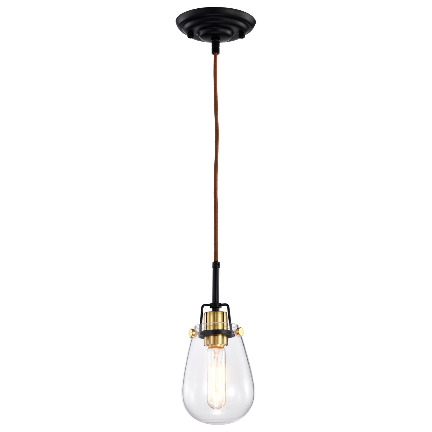 Toleo- 1 Light Mini Pendant with Clear Glass - Black Finish & Vintage Brass Accents