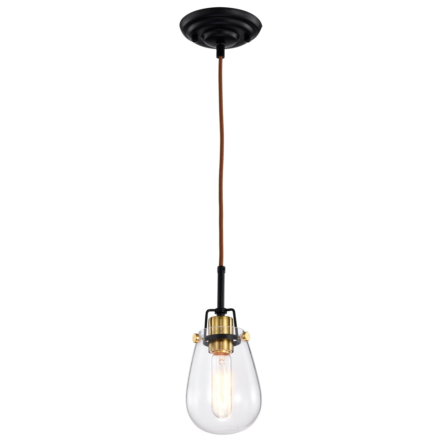 Toleo- 1 Light Mini Pendant with Clear Glass - Black Finish & Vintage Brass Accents