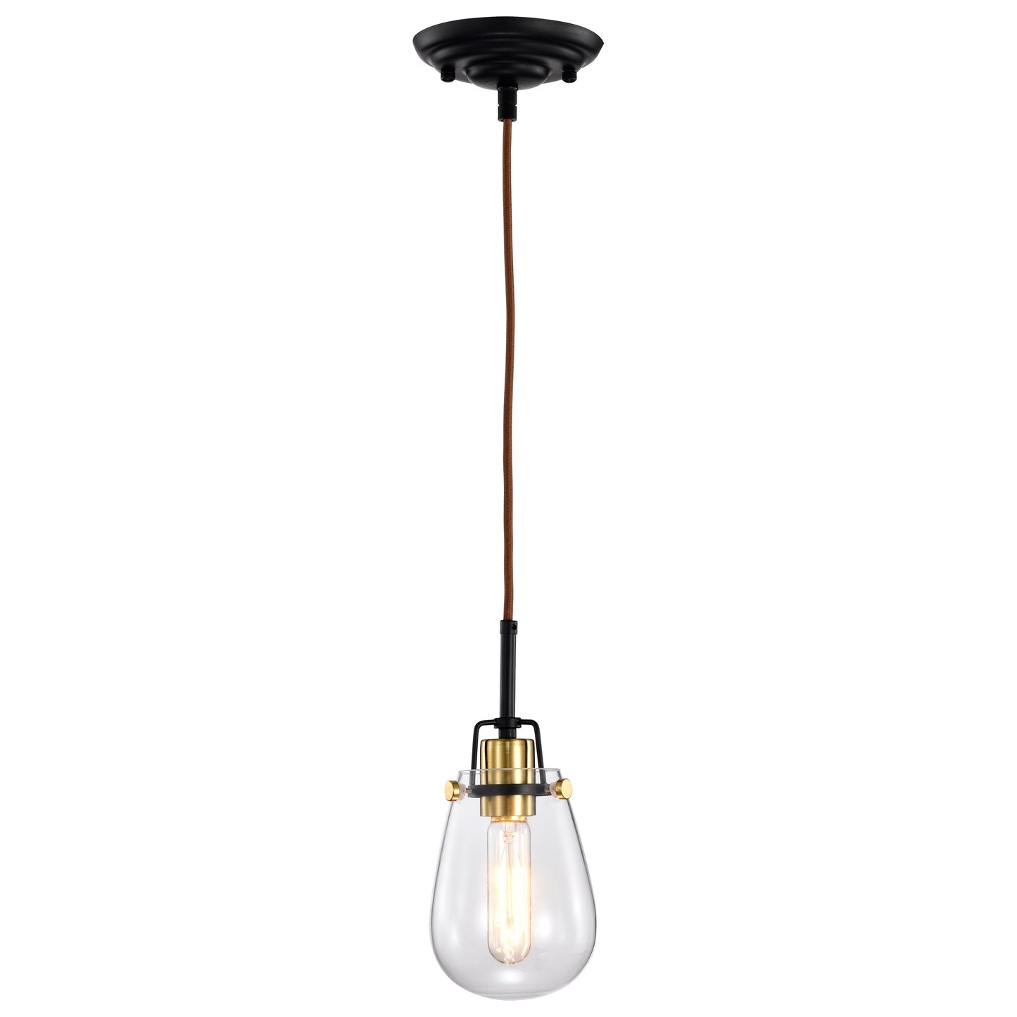 Toleo- 1 Light Mini Pendant with Clear Glass - Black Finish & Vintage Brass Accents