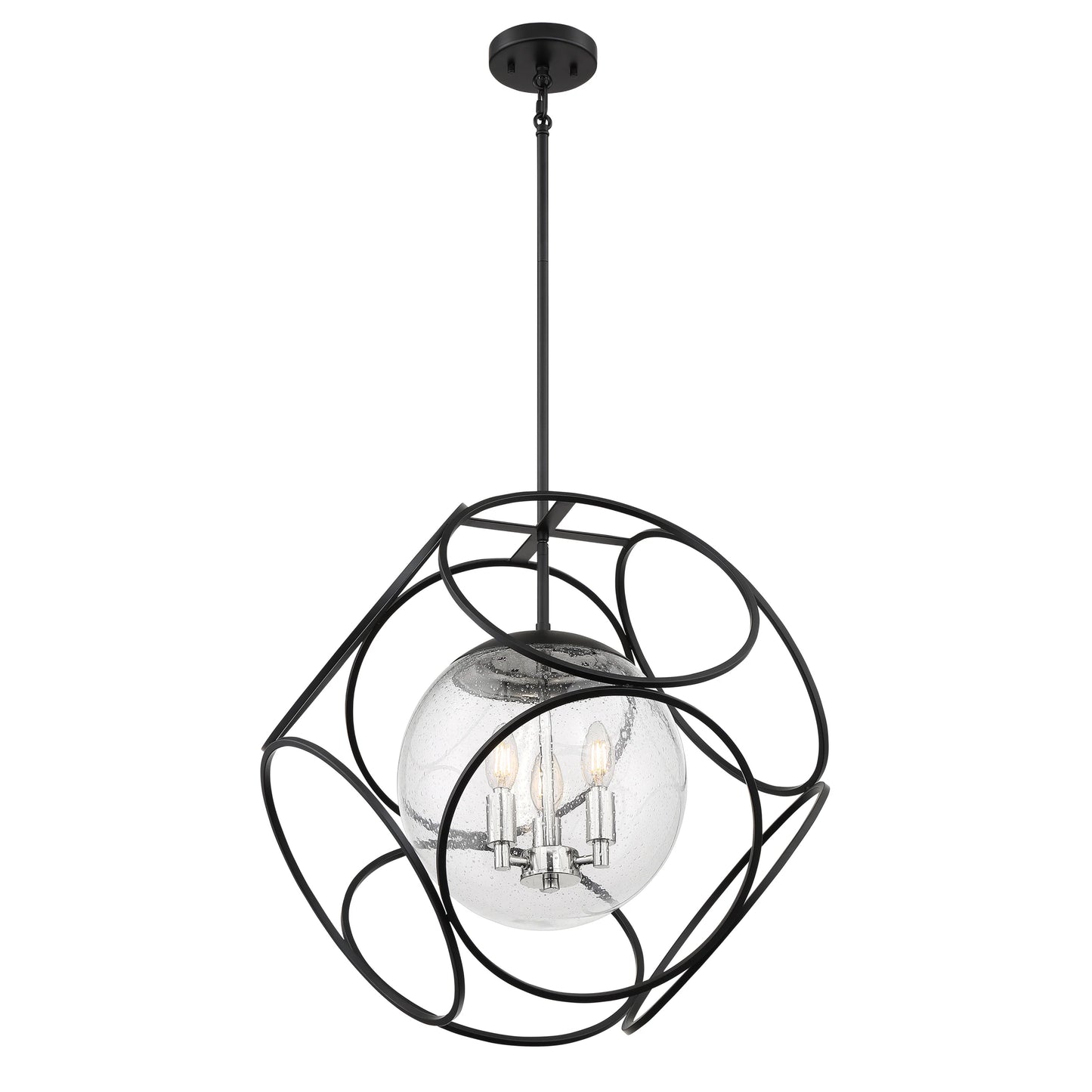 Aurora - 3 Light Pendant with Seeded Glass - Black and Polished Nickel Finish